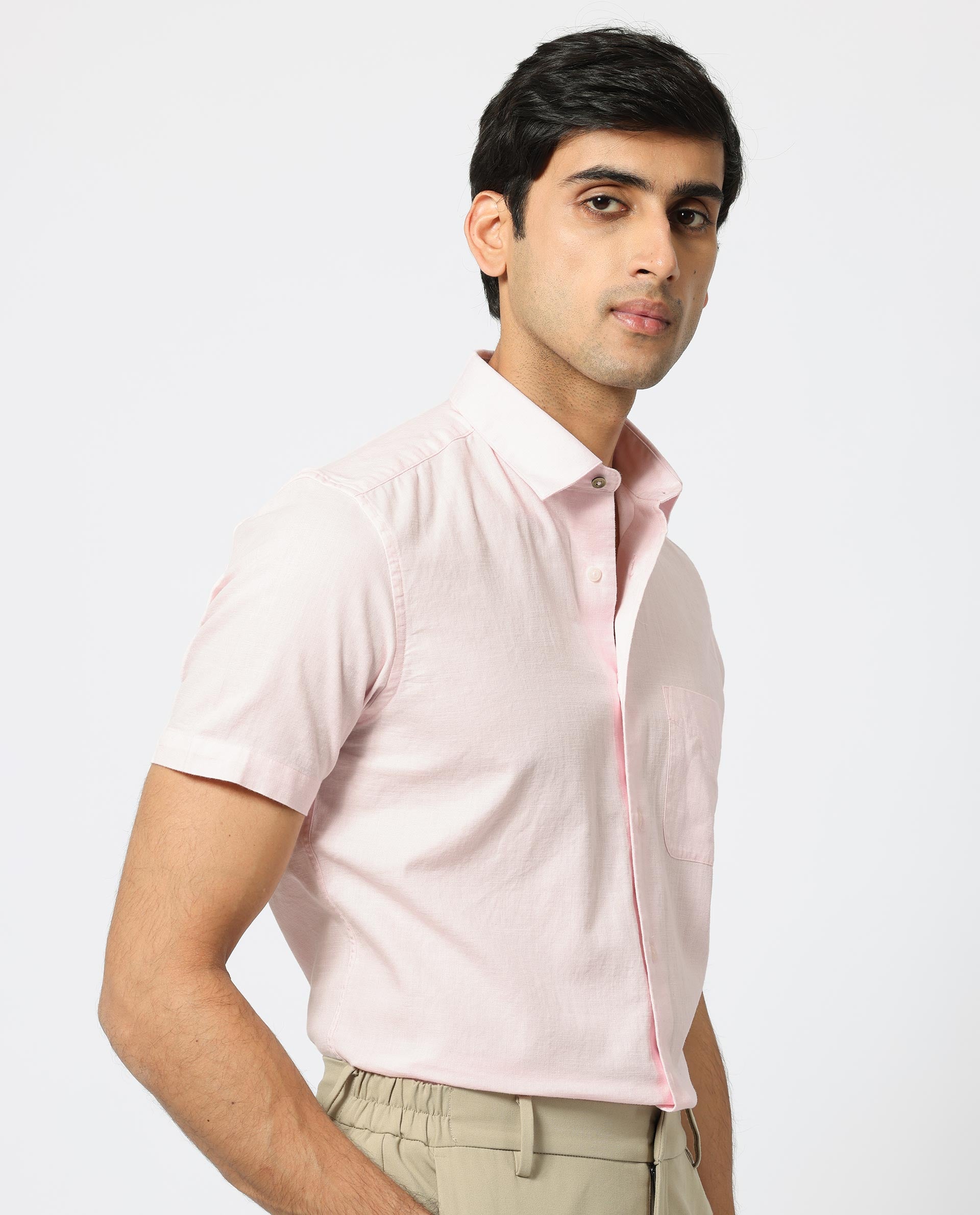 Rare Rabbit Men's Darwin Light Pink Cotton Fabric Half Sleeves Solid Shirt