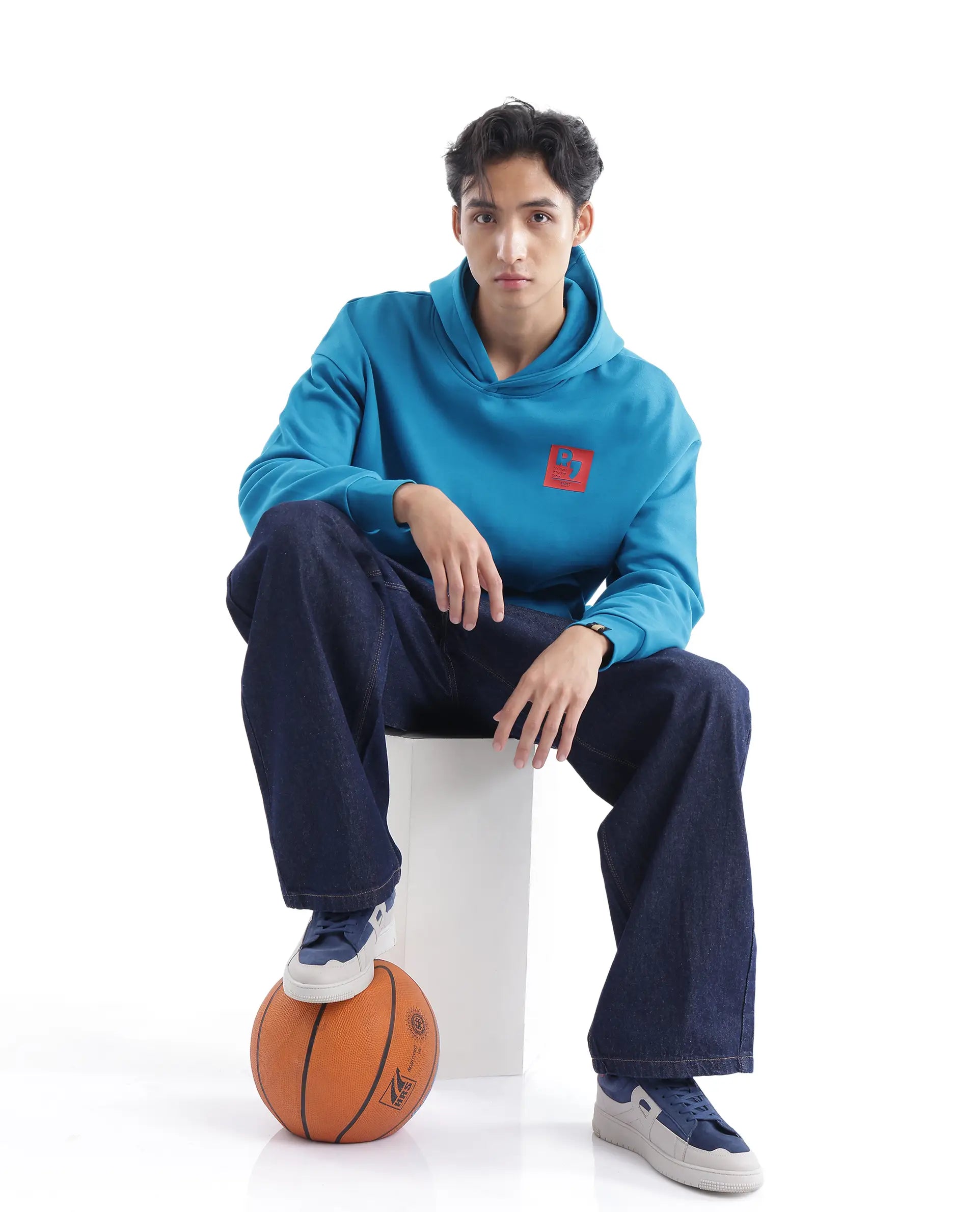 Rare Rabbit Men Dary Flouroscent Blue Cotton Polyester Fabric Full Sleeve Crew Neck Boxy Fit Puff Print Hooded Sweatshirt