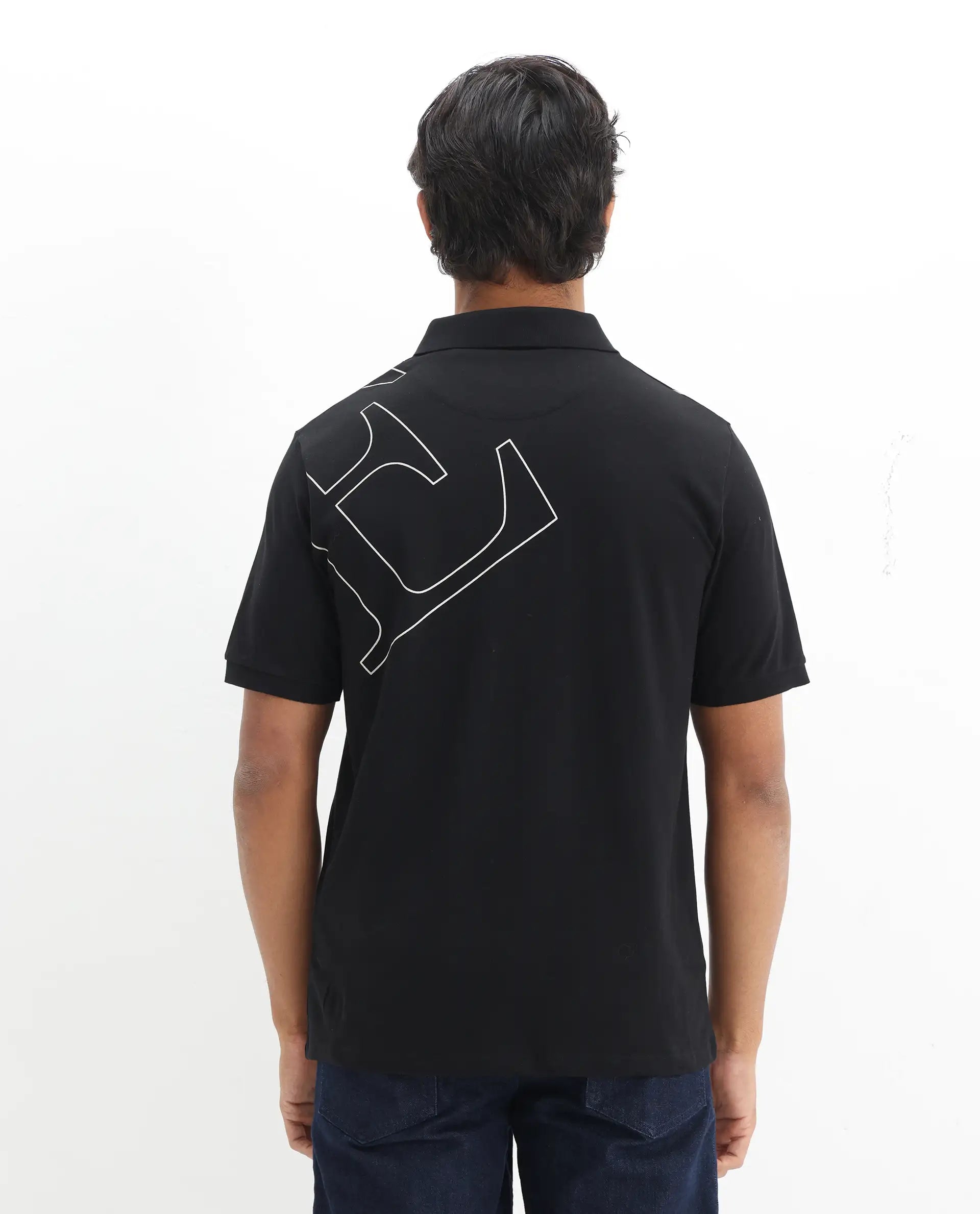 Rare Rabbit Men's Daryl Black Cotton Graphic Print Regular Fit Half Sleeve Polo