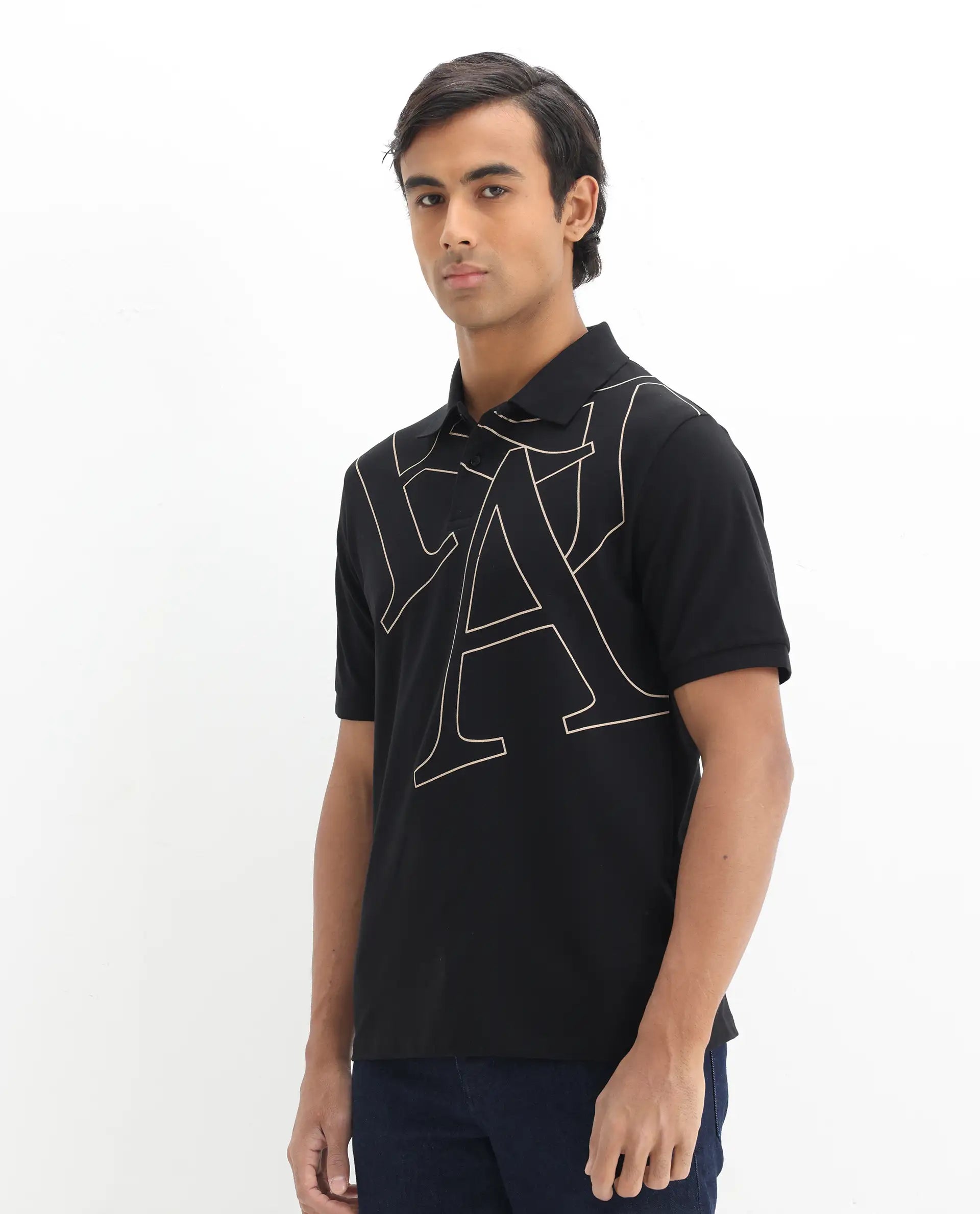 Rare Rabbit Men's Daryl Black Cotton Graphic Print Regular Fit Half Sleeve Polo