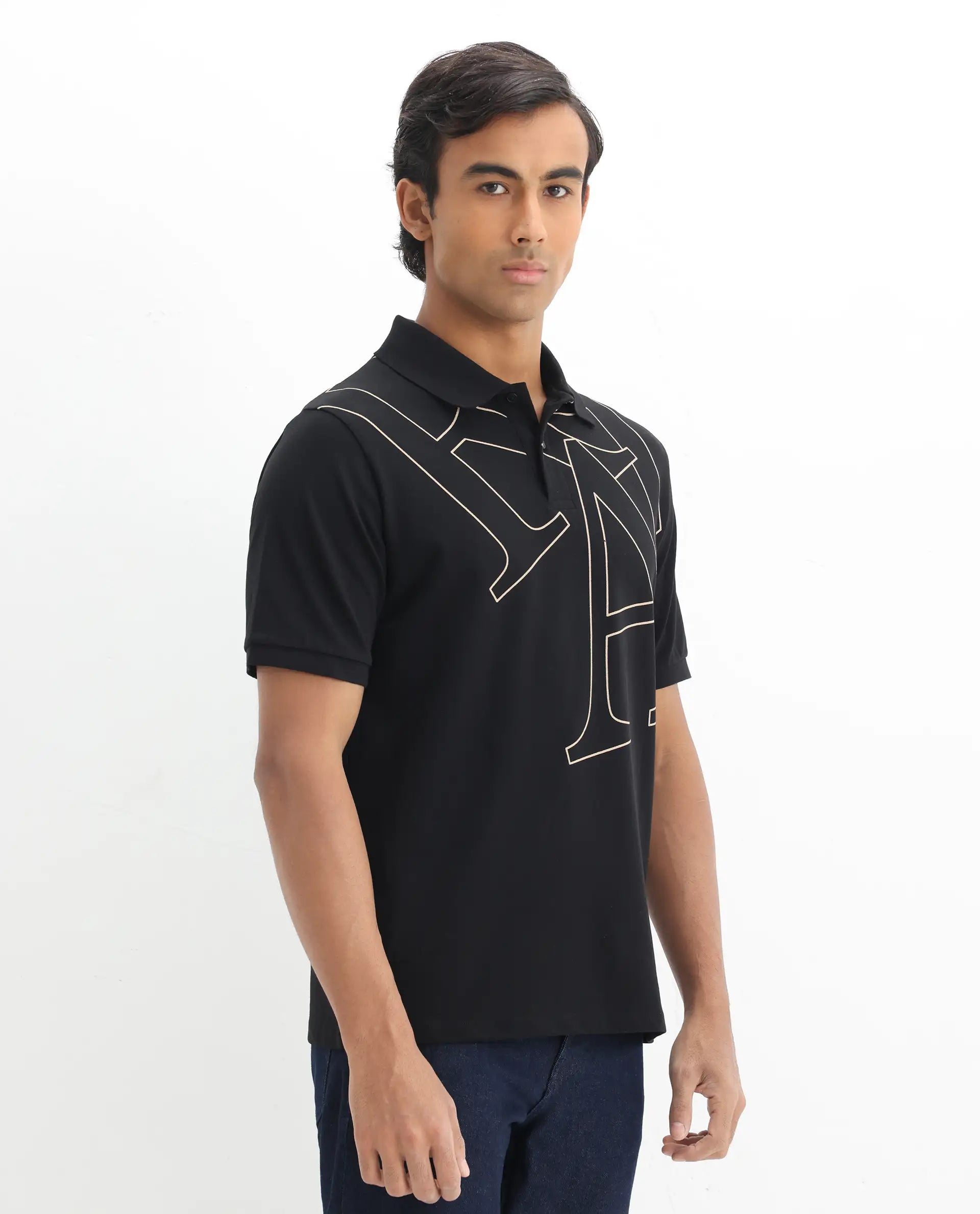Rare Rabbit Men's Daryl Black Cotton Graphic Print Regular Fit Half Sleeve Polo