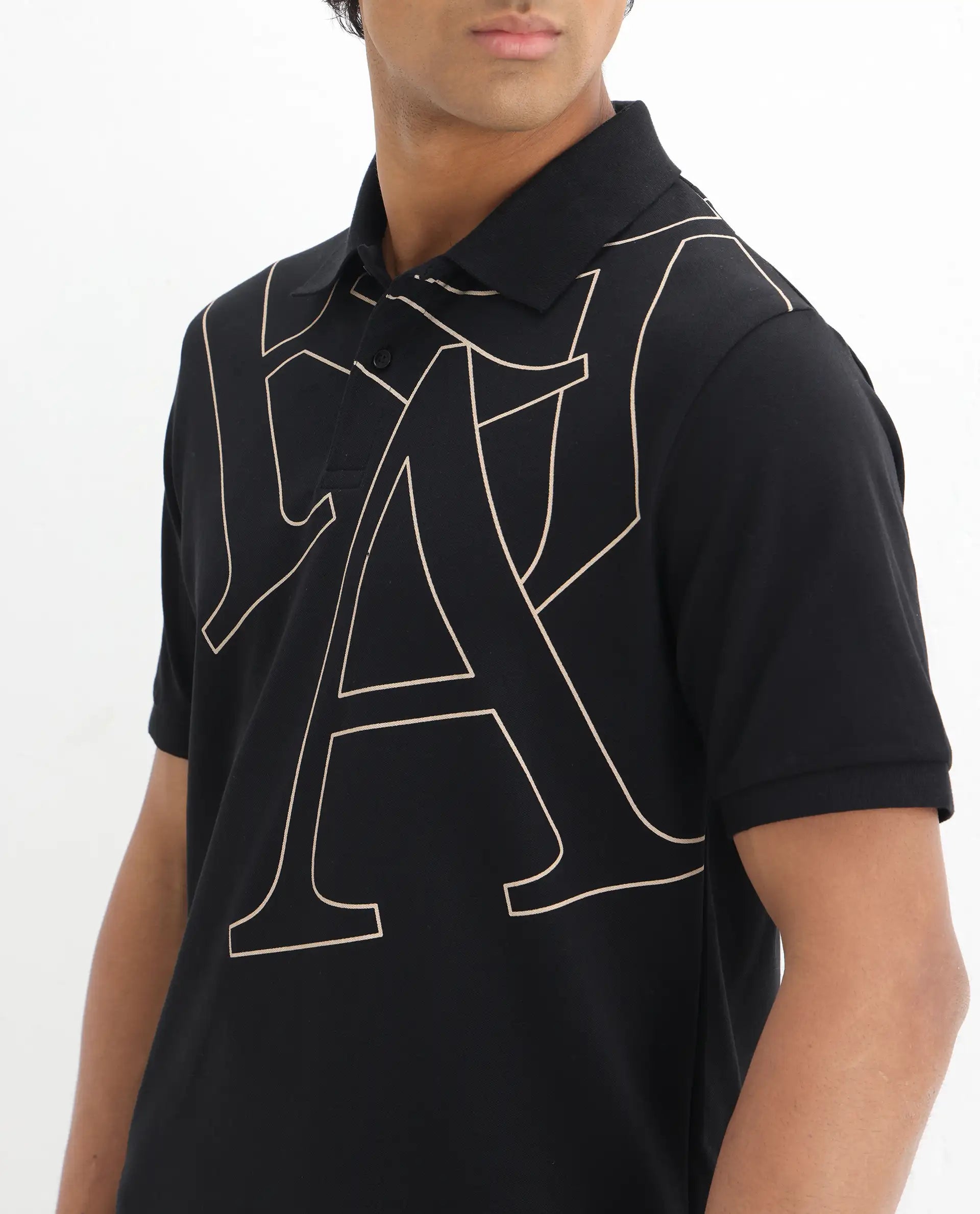 Rare Rabbit Men's Daryl Black Cotton Graphic Print Regular Fit Half Sleeve Polo