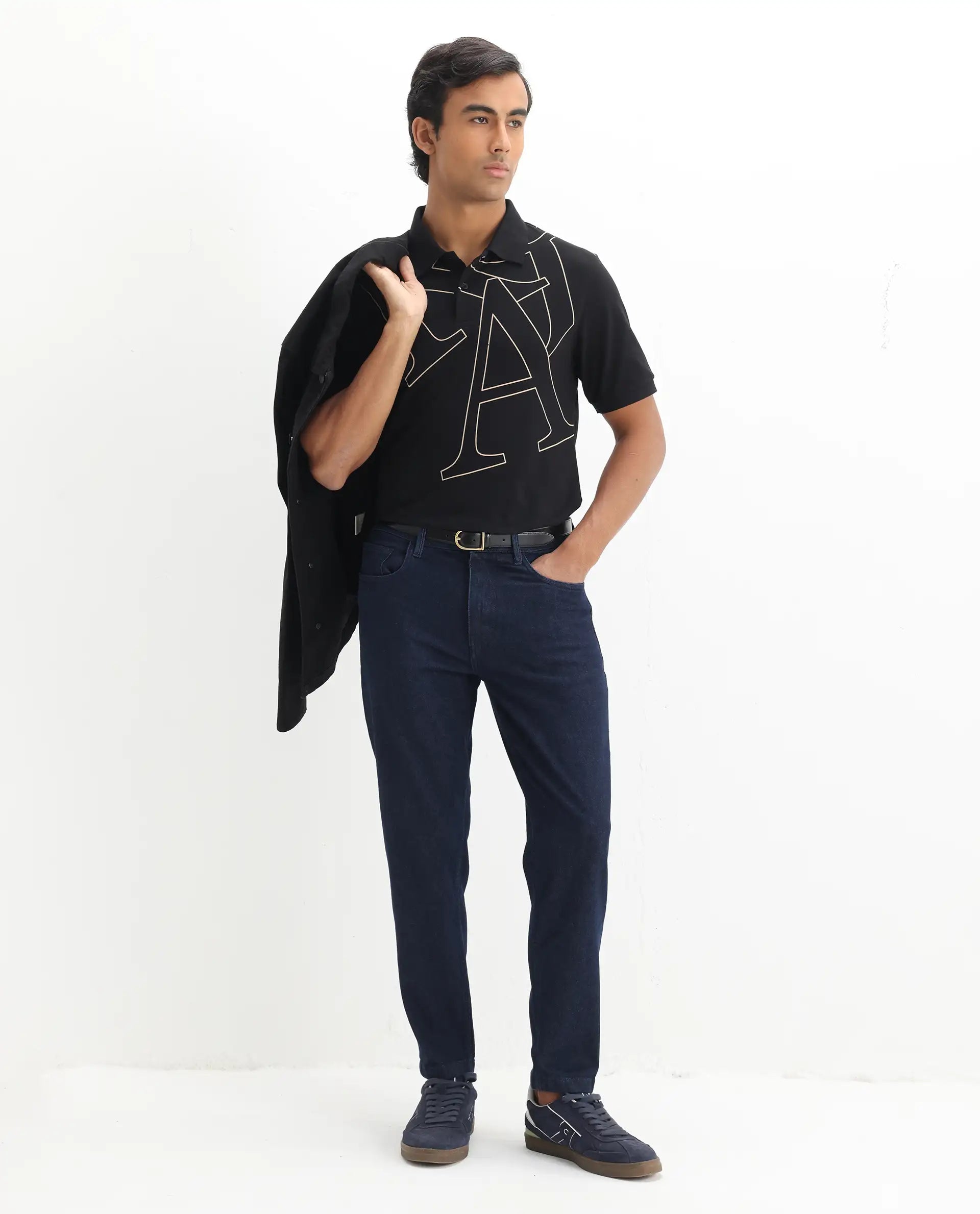 Rare Rabbit Men's Daryl Black Cotton Graphic Print Regular Fit Half Sleeve Polo