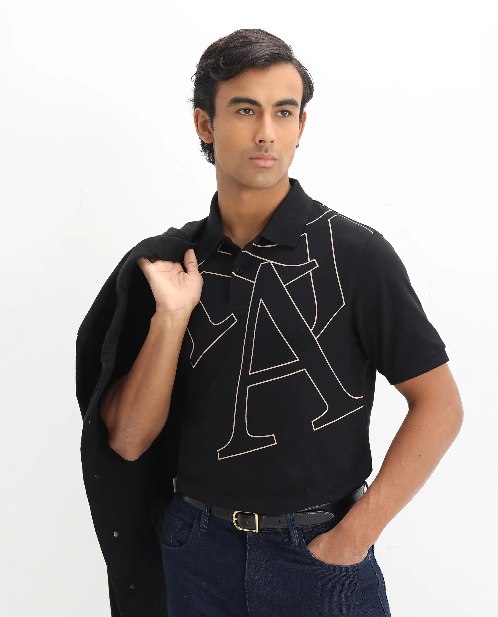 Rare Rabbit Men's Daryl Black Cotton Graphic Print Regular Fit Half Sleeve Polo