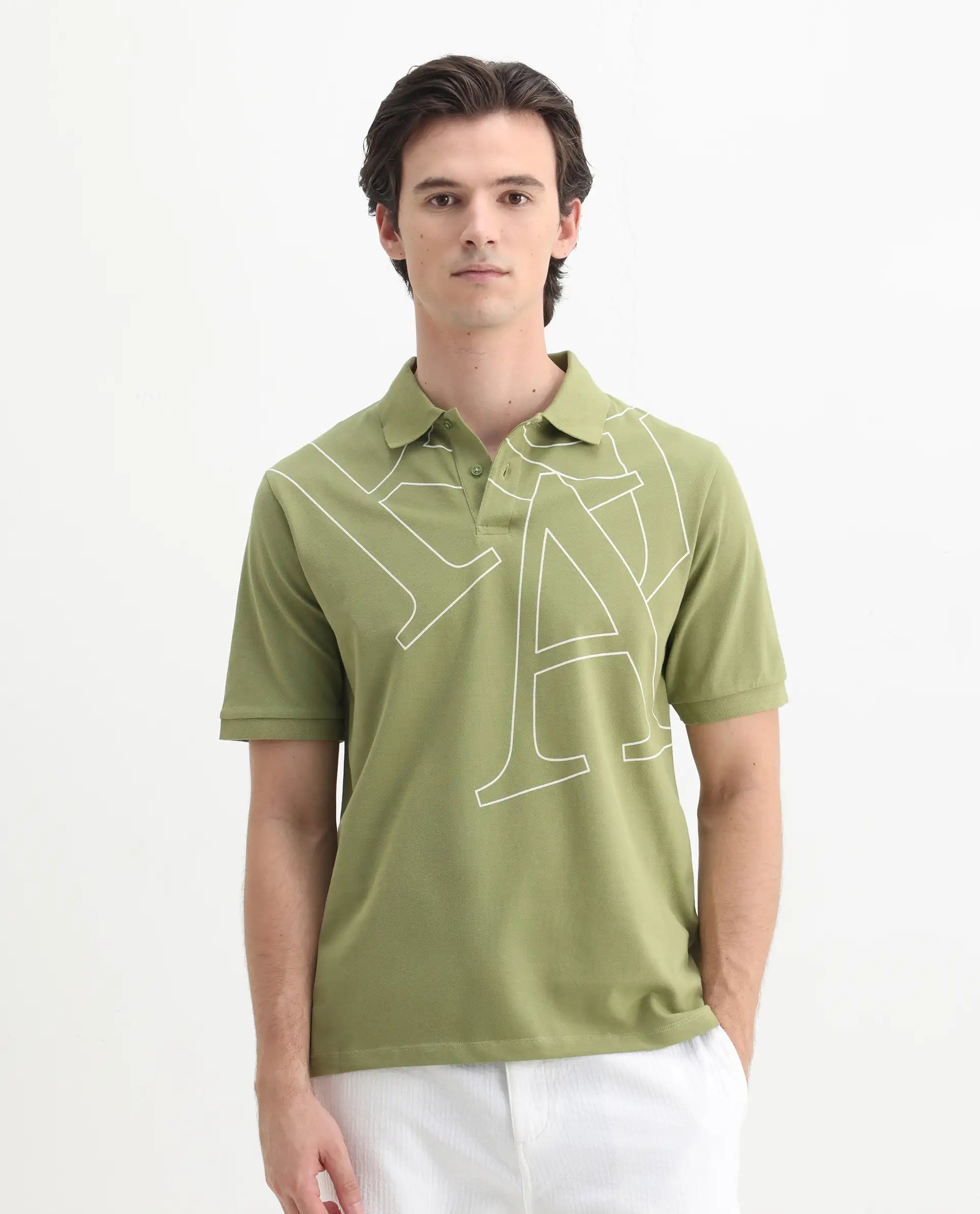 Rare Rabbit Men's Daryl Olive Cotton Plain Regular Fit Half Sleeve Polo