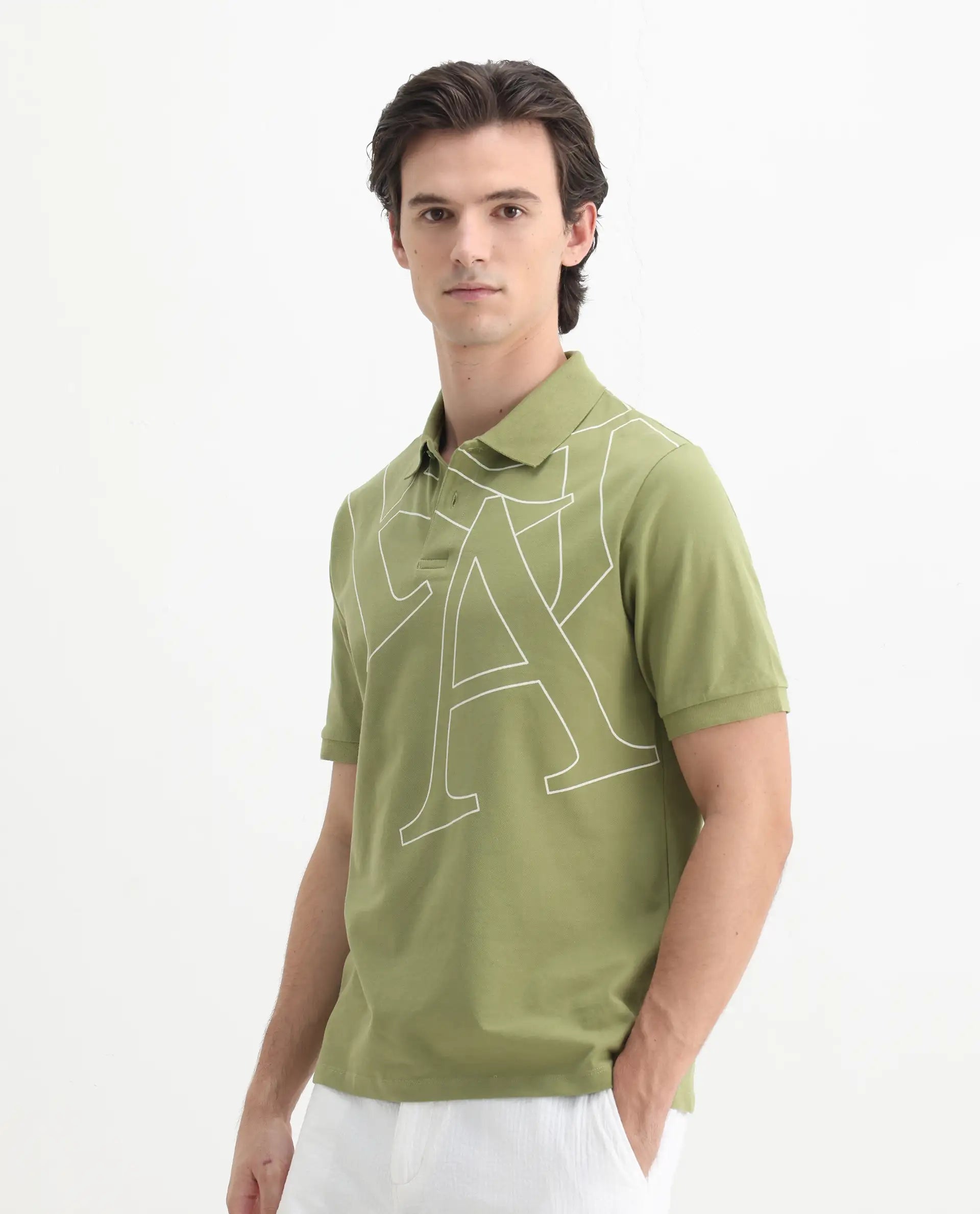Rare Rabbit Men's Daryl Olive Cotton Plain Regular Fit Half Sleeve Polo