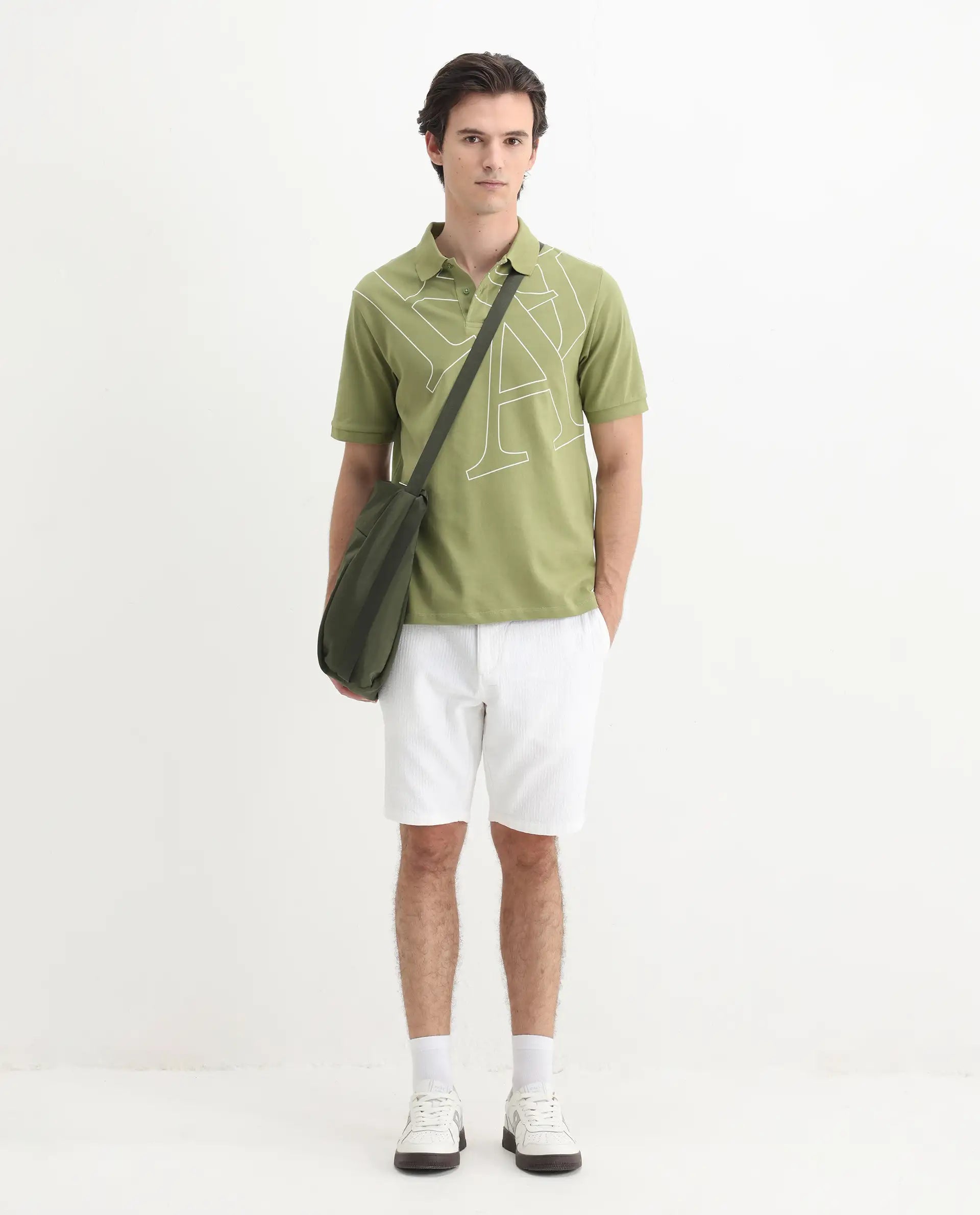 Rare Rabbit Men's Daryl Olive Cotton Plain Regular Fit Half Sleeve Polo