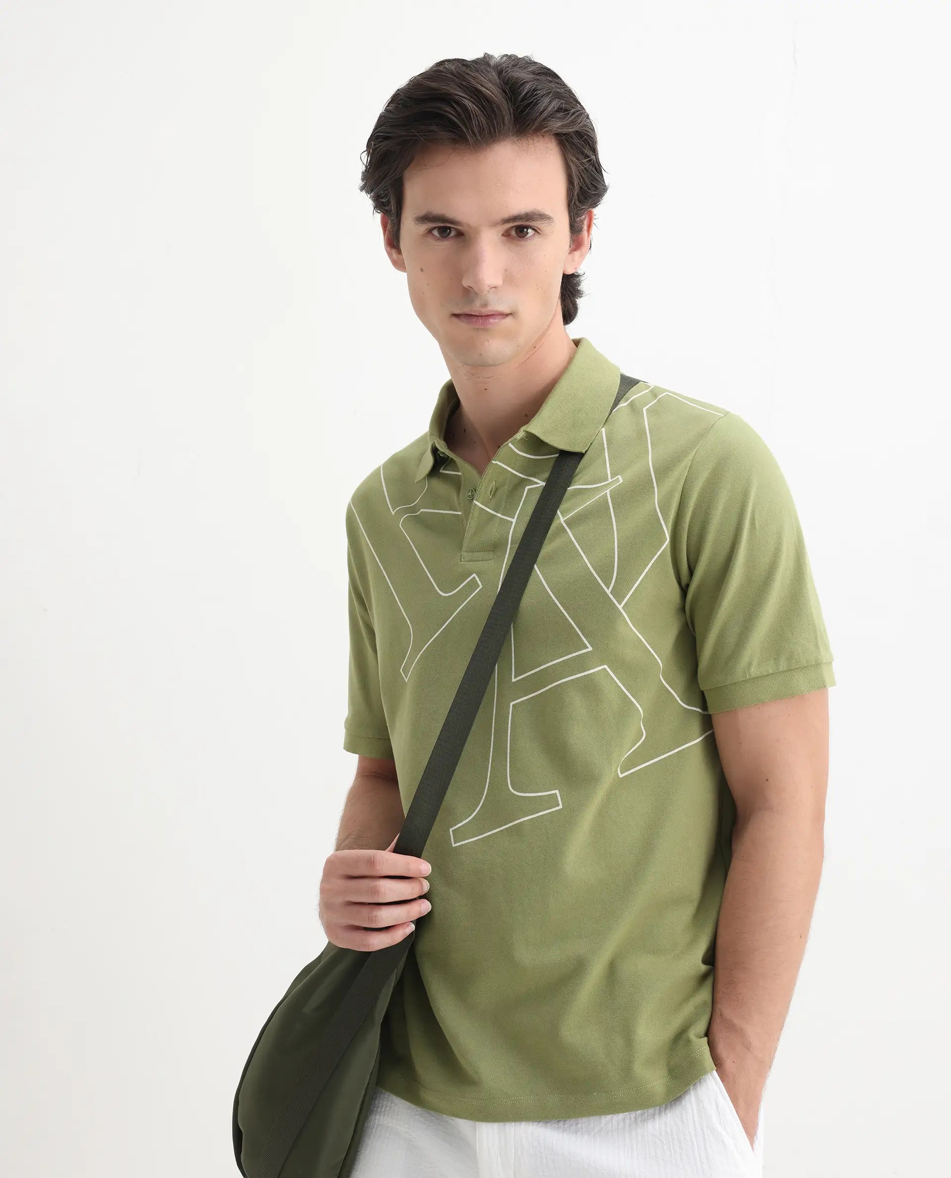 Rare Rabbit Men's Daryl Olive Cotton Plain Regular Fit Half Sleeve Polo