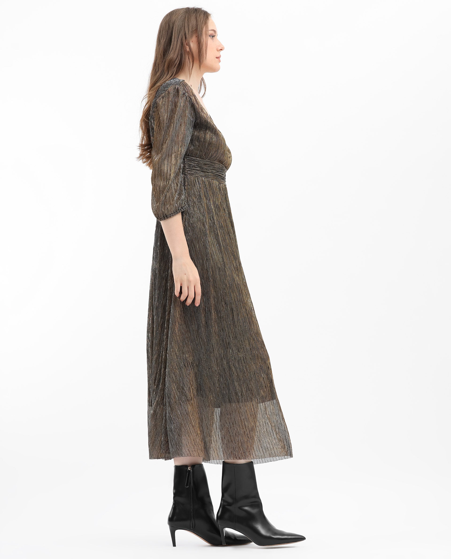 Rareism Women's Daso Metalic Gold Polyester Fabric Overlap Neck Balloon Sleeve Shimmer Fit And Flare Midi Dress