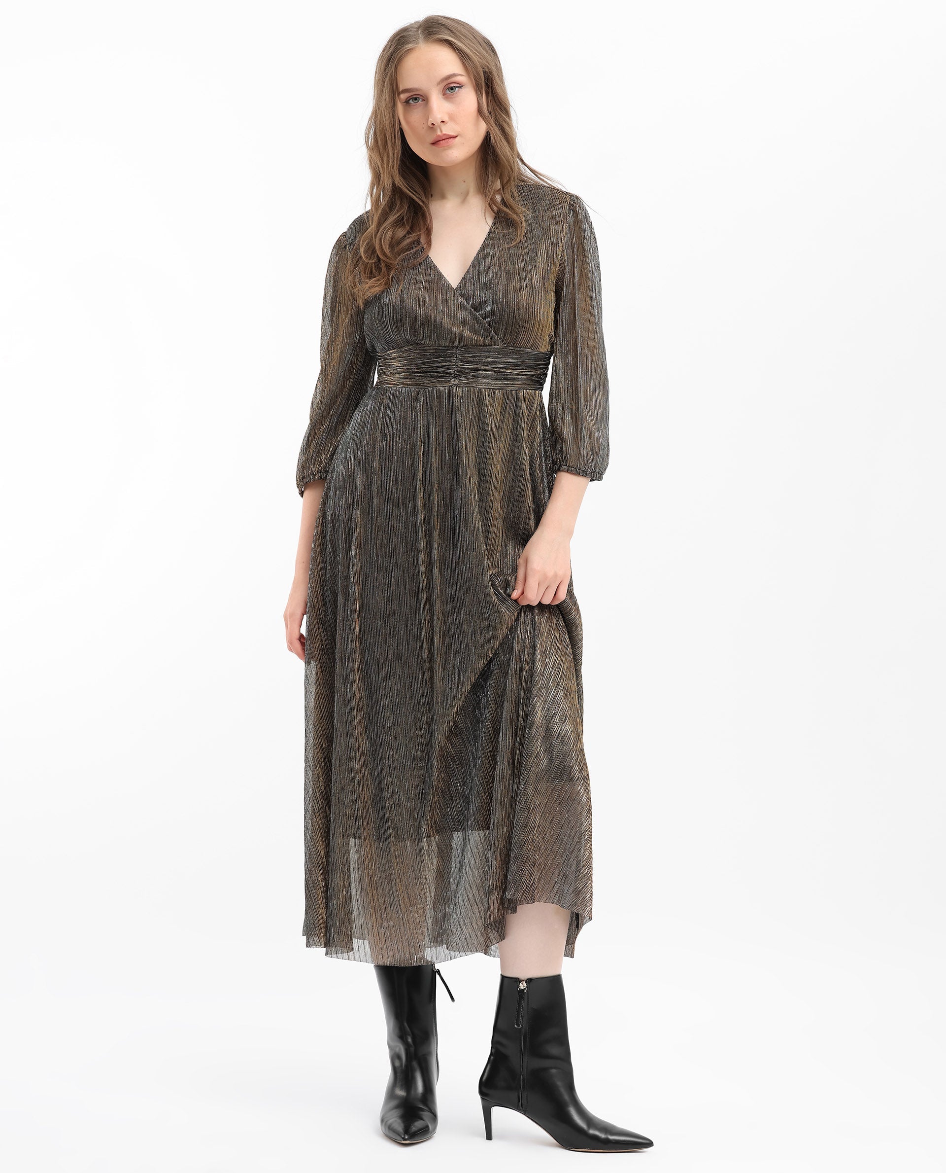 Rareism Women's Daso Metalic Gold Polyester Fabric Overlap Neck Balloon Sleeve Shimmer Fit And Flare Midi Dress