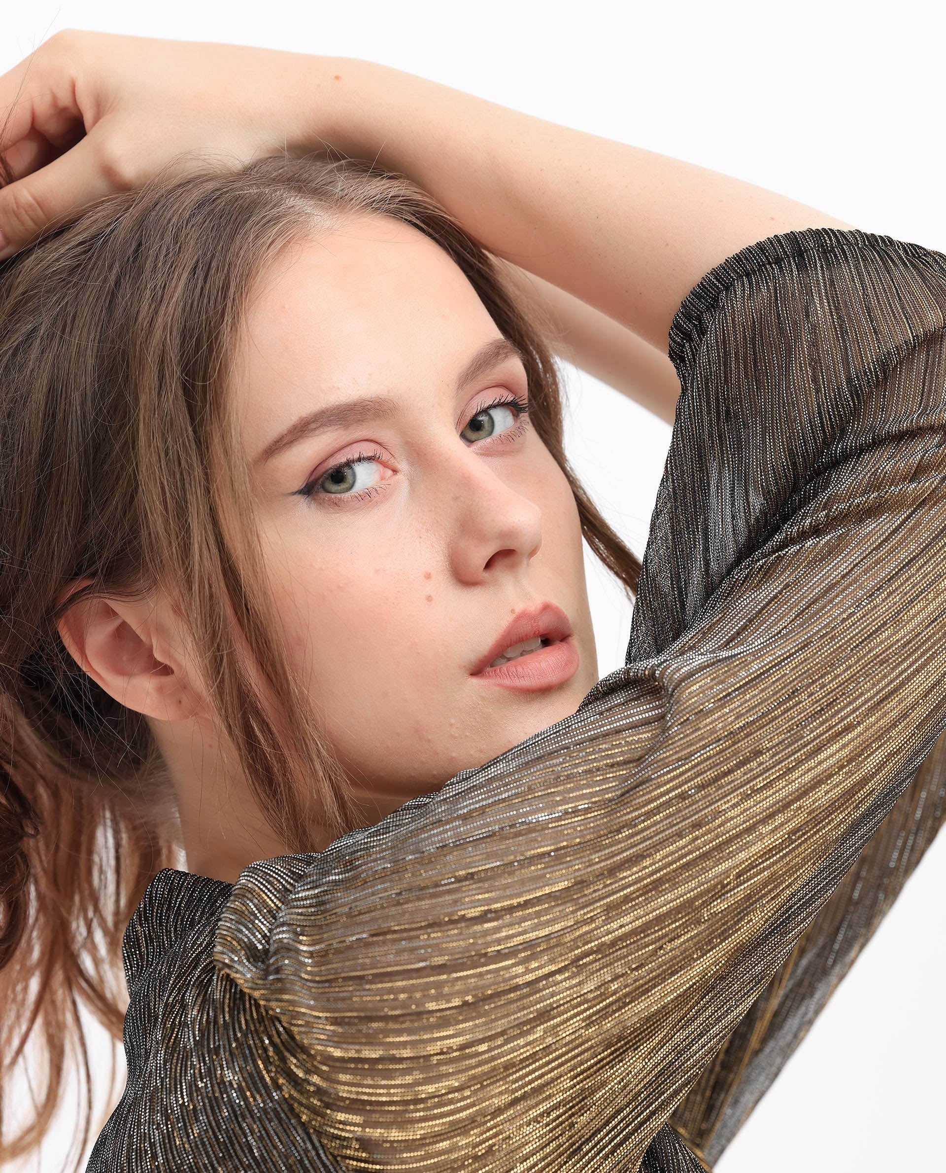 Rareism Women's Daso Metalic Gold Polyester Fabric Overlap Neck Balloon Sleeve Shimmer Fit And Flare Midi Dress