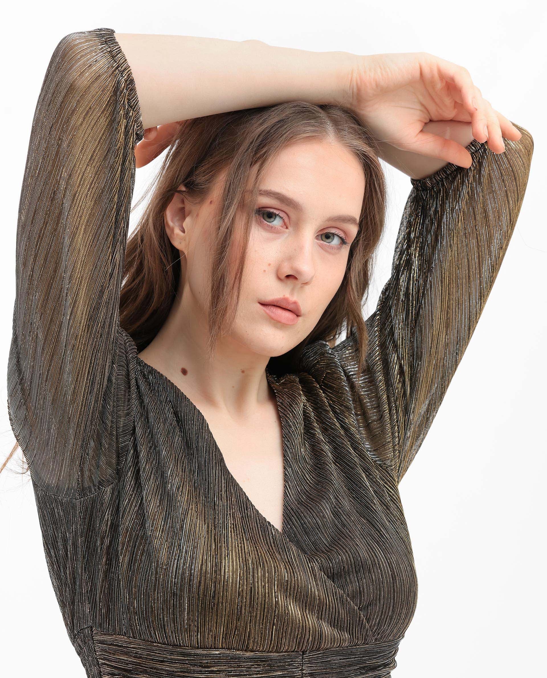 Rareism Women's Daso Metalic Gold Polyester Fabric Overlap Neck Balloon Sleeve Shimmer Fit And Flare Midi Dress