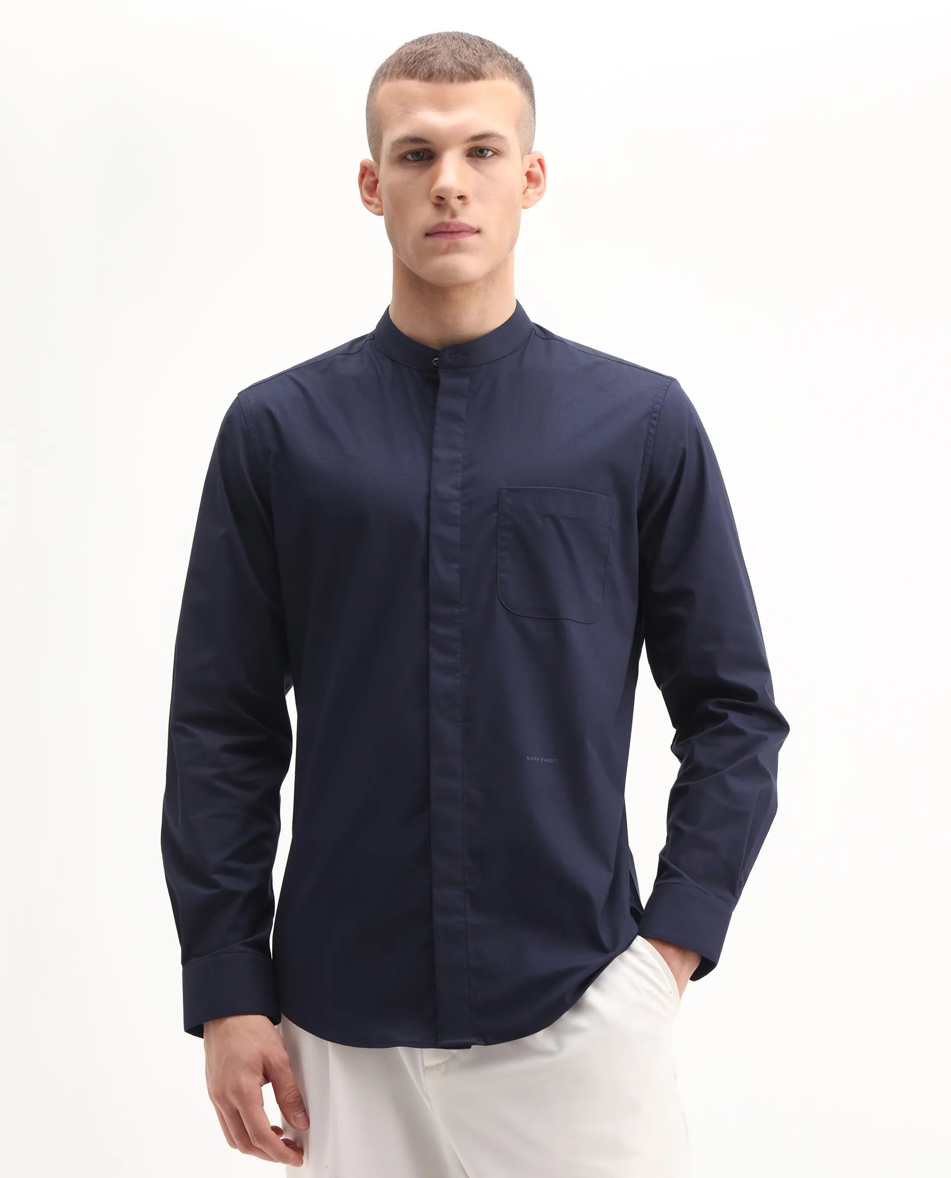 Rare Rabbit Men's Dati Navy Polyester Blend Plain Regular Fit Full Sleeve Mandarin Collar Shirt