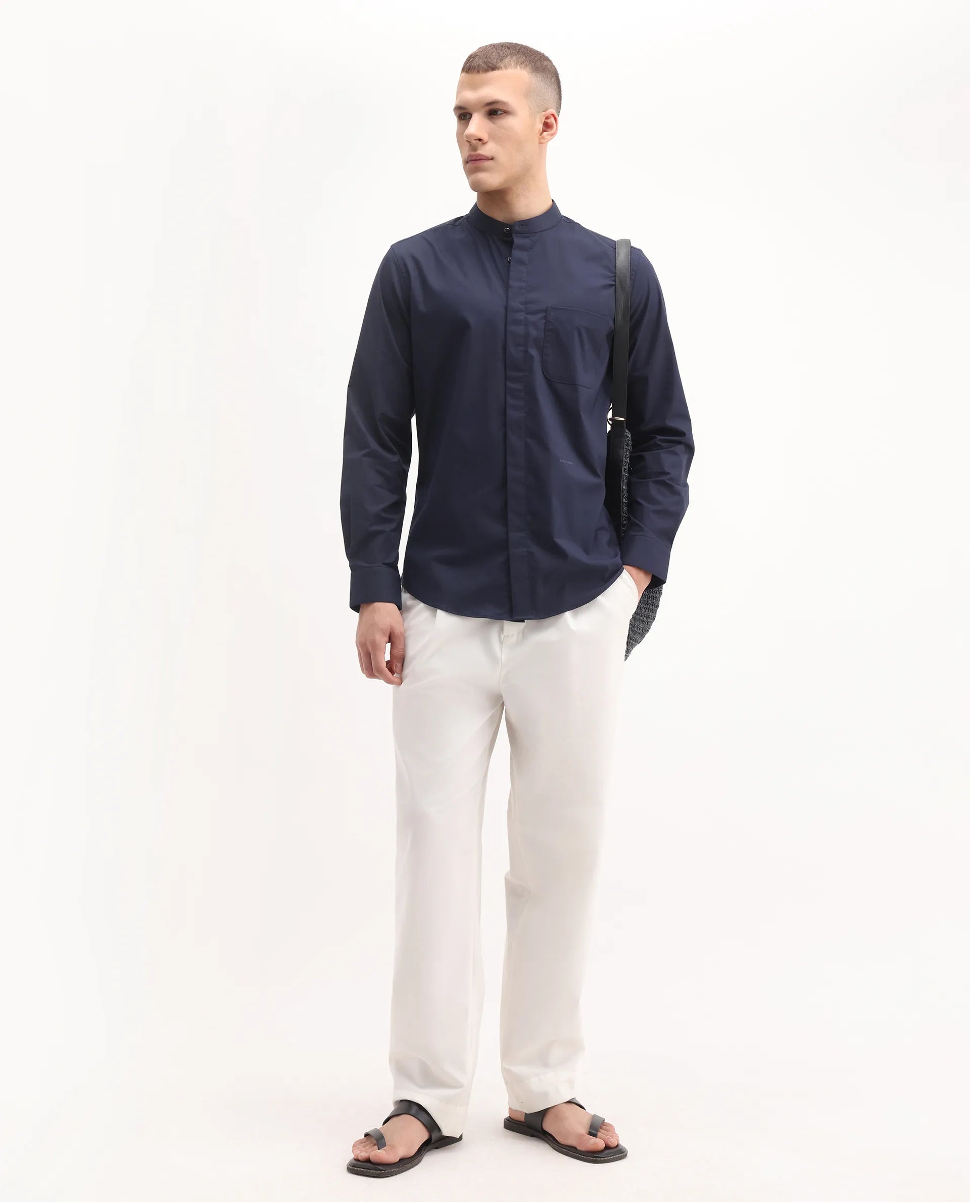 Rare Rabbit Men's Dati Navy Polyester Blend Plain Regular Fit Full Sleeve Mandarin Collar Shirt