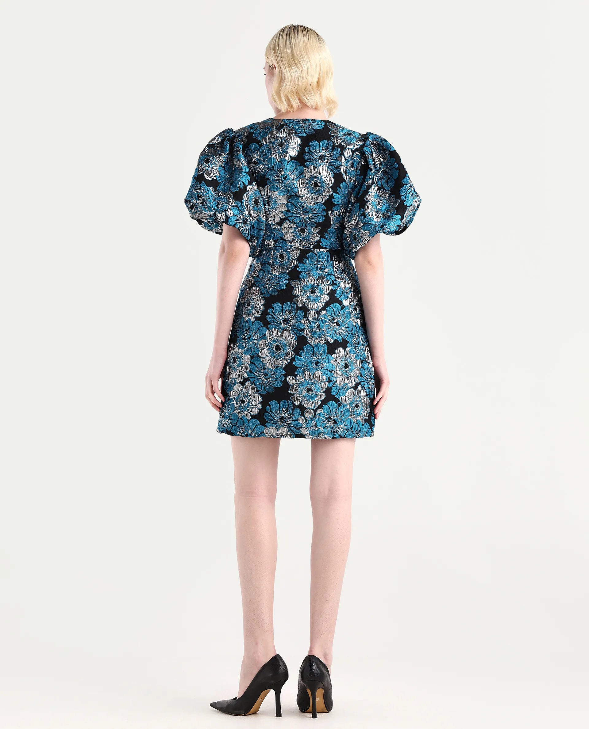 Rareism Women's Daveth Metalic Blue V-Neck Floral Print Puff Sleeves Knee Length Regular Fit Dress