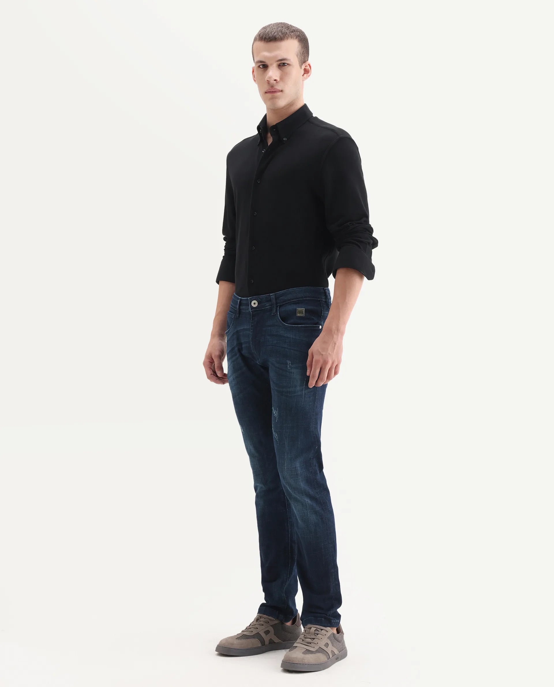 Rare Rabbit Men's David-3 Blue Cotton Plain Hawk Slim Fit Jeans