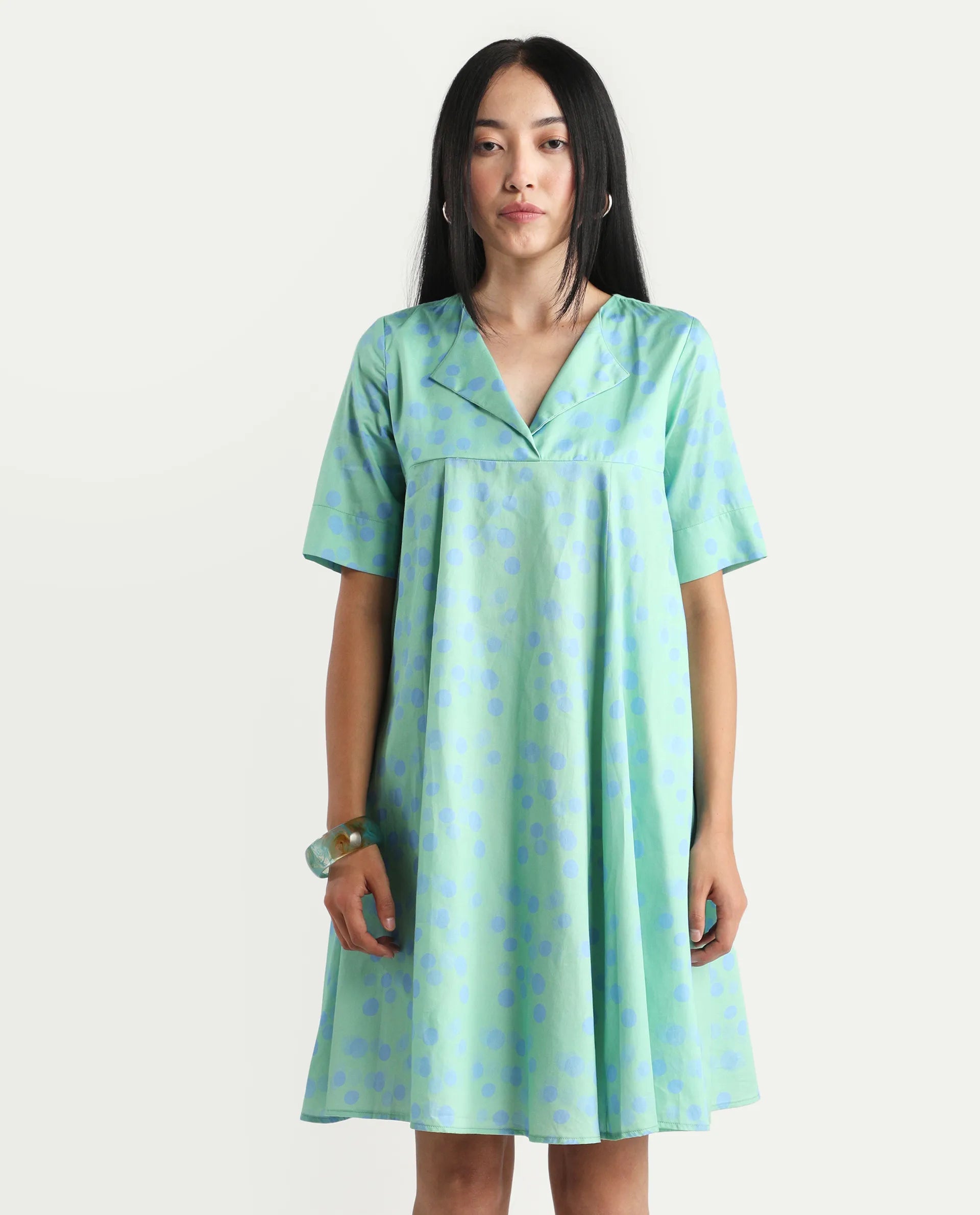 Rareism Women's Davidson Dusky Green Cotton Overlap Neck Polka Print Mini Flared Dress