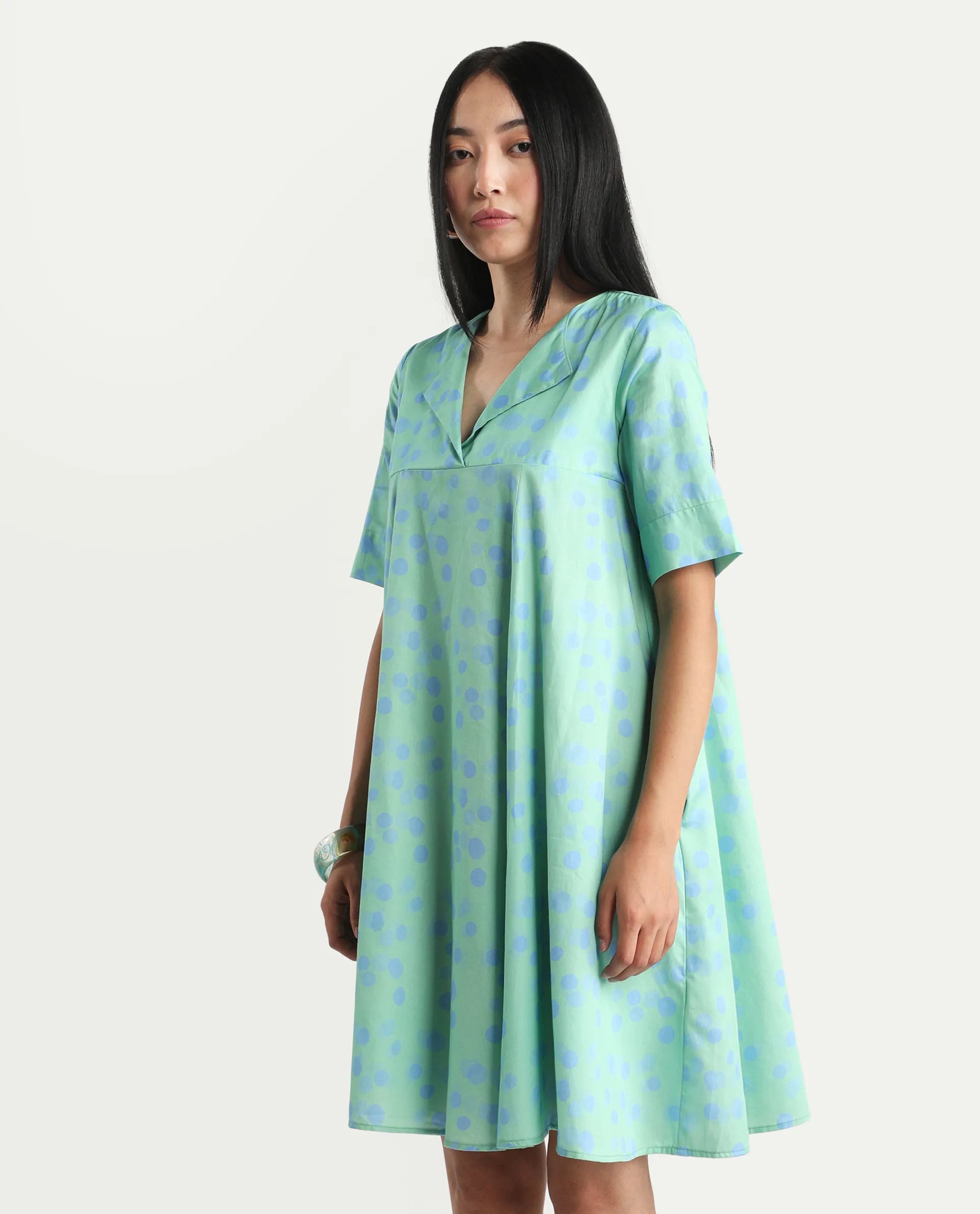 Rareism Women's Davidson Dusky Green Cotton Overlap Neck Polka Print Mini Flared Dress