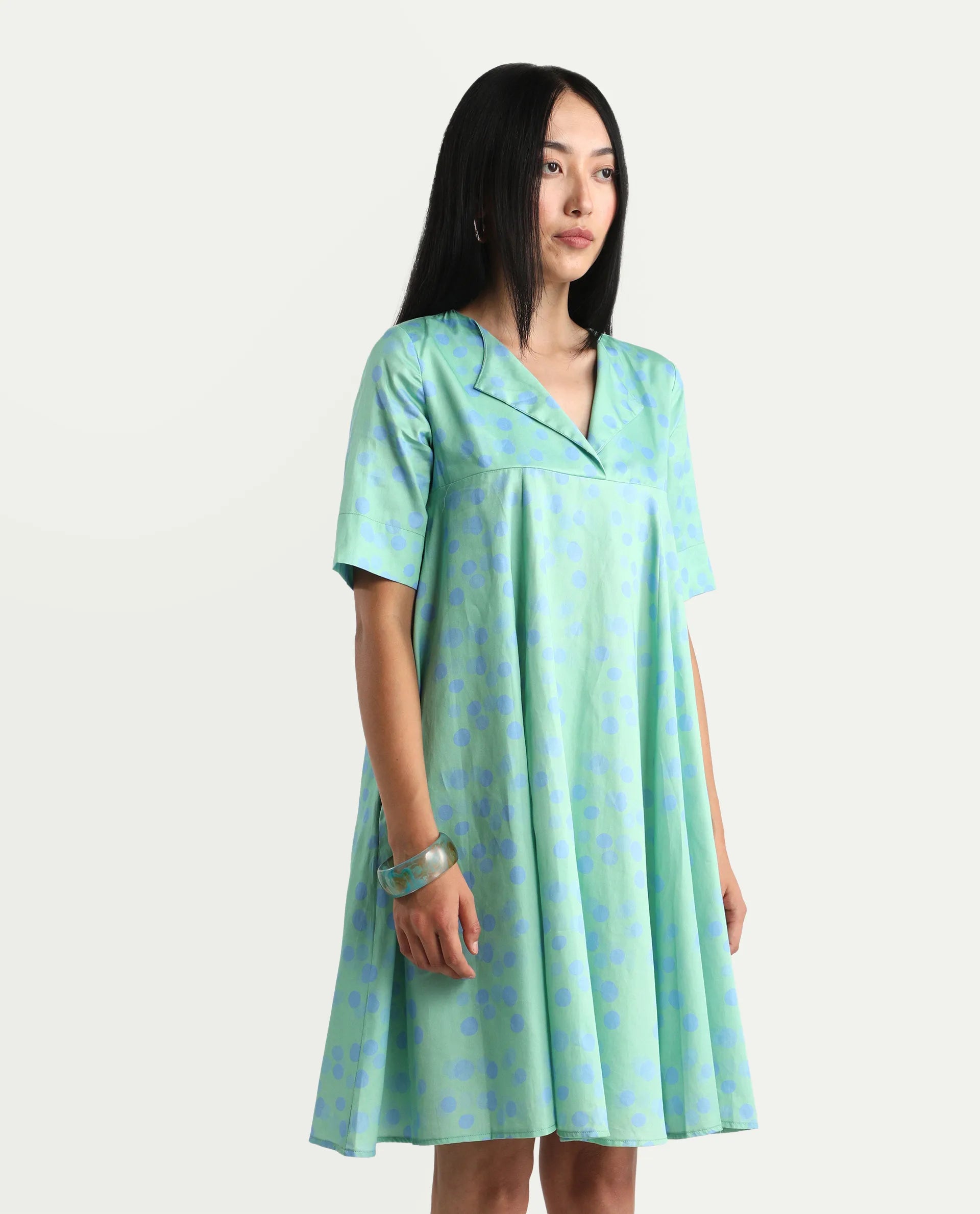 Rareism Women's Davidson Dusky Green Cotton Overlap Neck Polka Print Mini Flared Dress