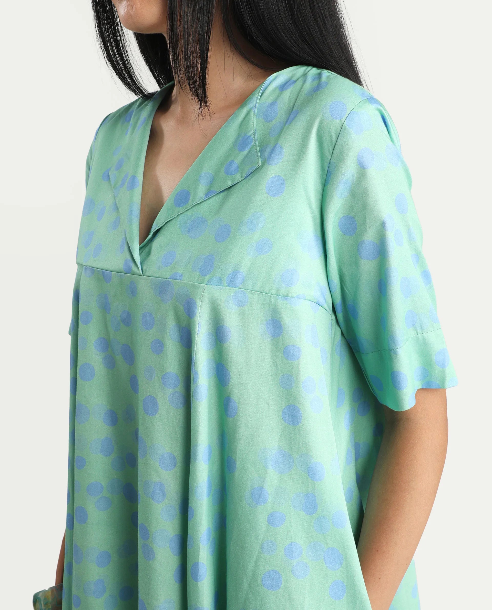 Rareism Women's Davidson Dusky Green Cotton Overlap Neck Polka Print Mini Flared Dress