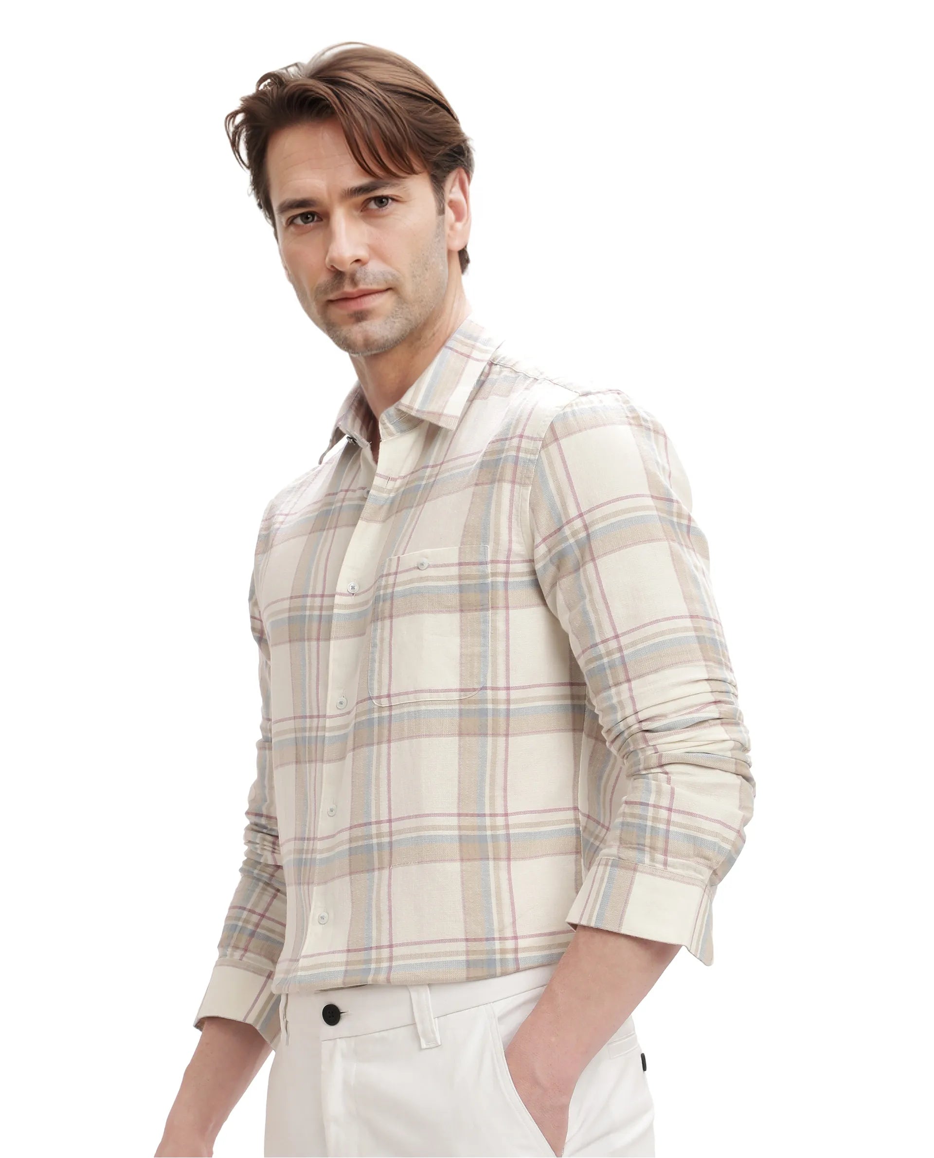 Rare Rabbit Men Davi White Full Sleeve Collared Neck Button Closure Regular Fit Checks Shirt