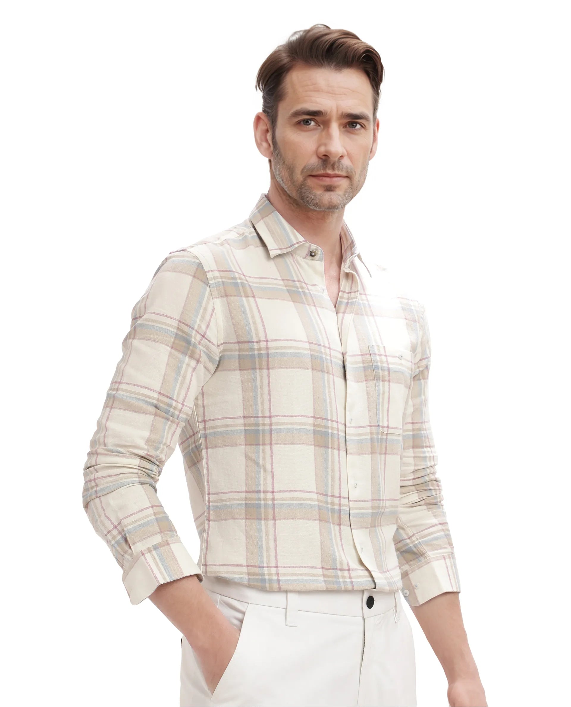 Rare Rabbit Men Davi White Full Sleeve Collared Neck Button Closure Regular Fit Checks Shirt