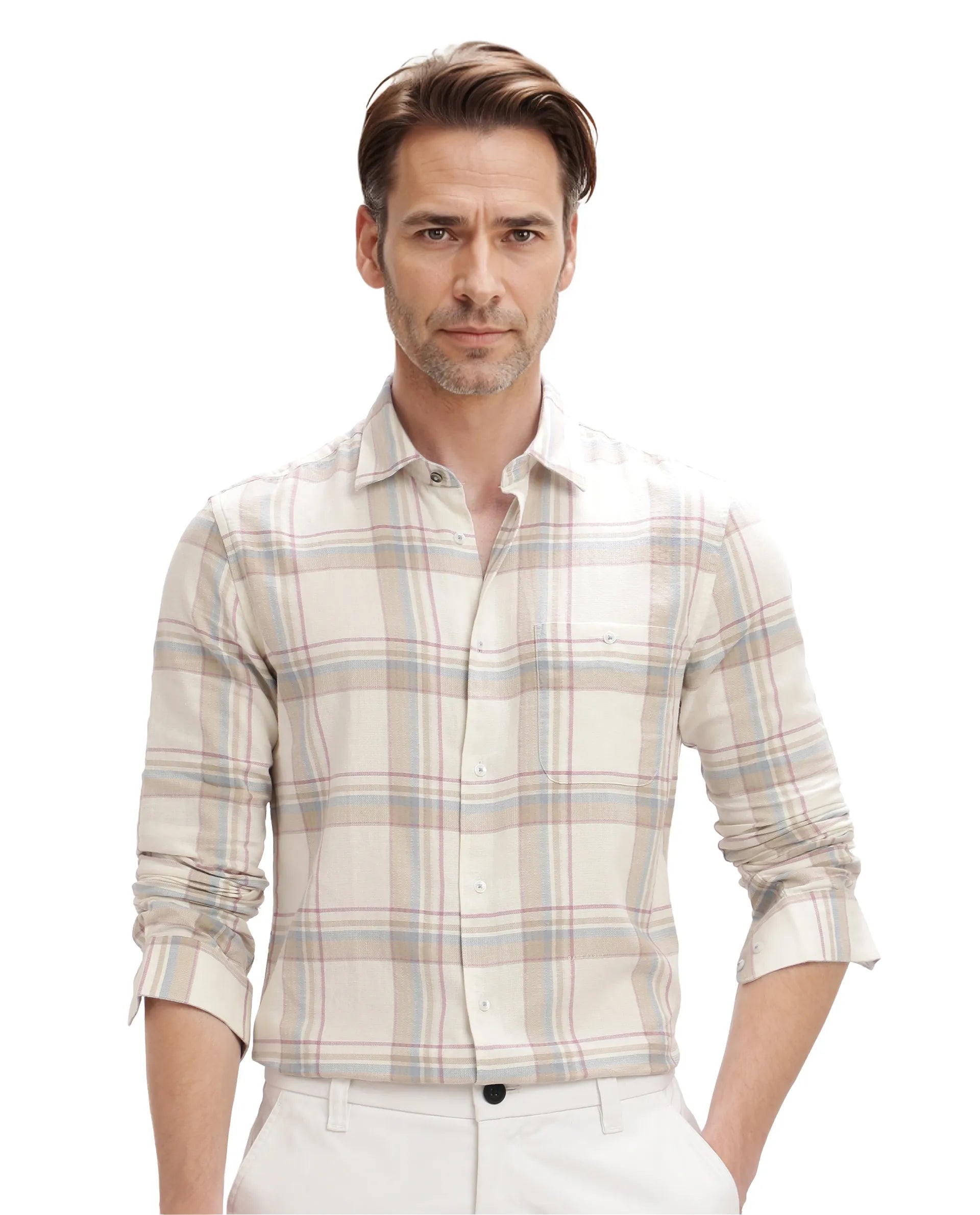 Rare Rabbit Men Davi White Full Sleeve Collared Neck Button Closure Regular Fit Checks Shirt