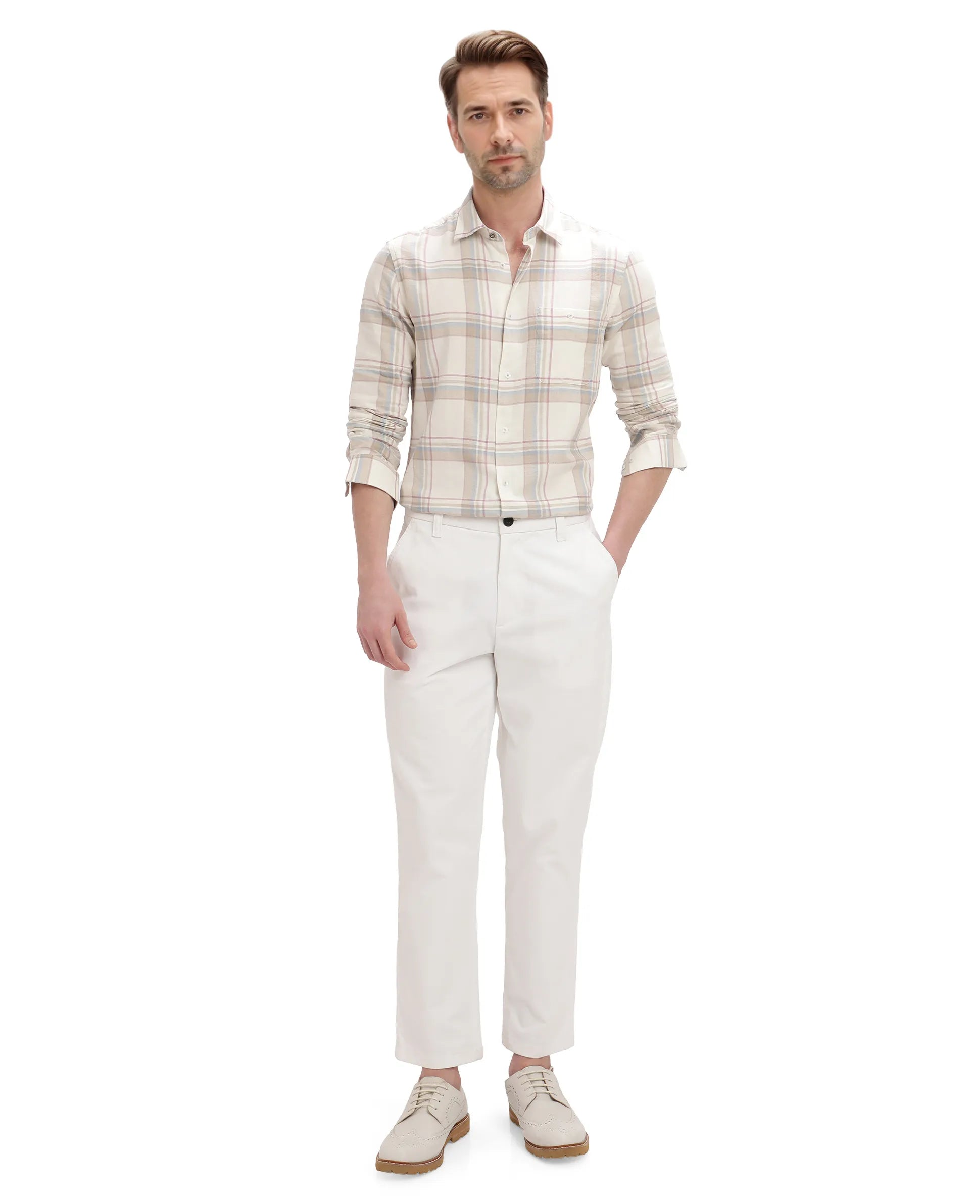 Rare Rabbit Men Davi White Full Sleeve Collared Neck Button Closure Regular Fit Checks Shirt