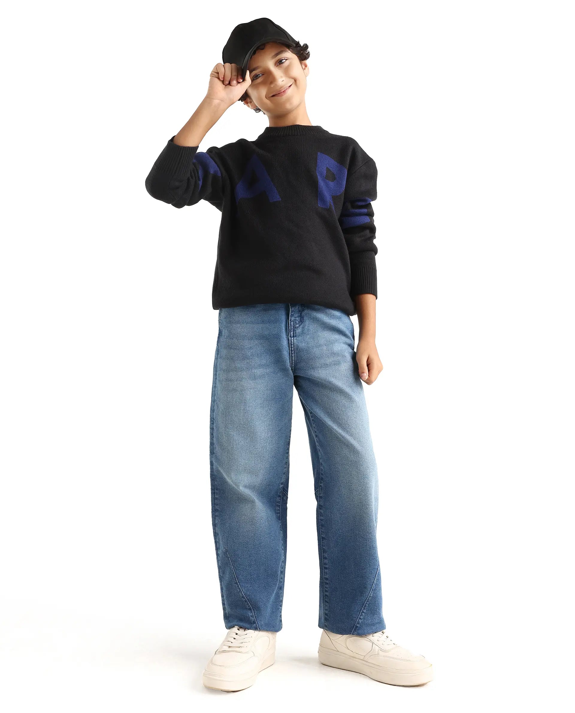 Rare Ones Kids Dawson Blue Cotton Blend Button And Zipper Closure Plain Slouchy Fit Jeans