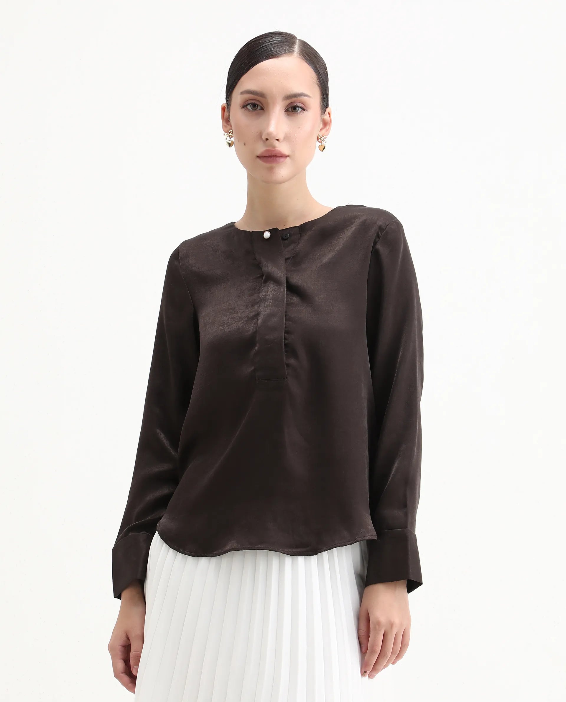 Rareism Women's Daxzo Brown Velvet Crew Neck Plain Relaxed Fit Top