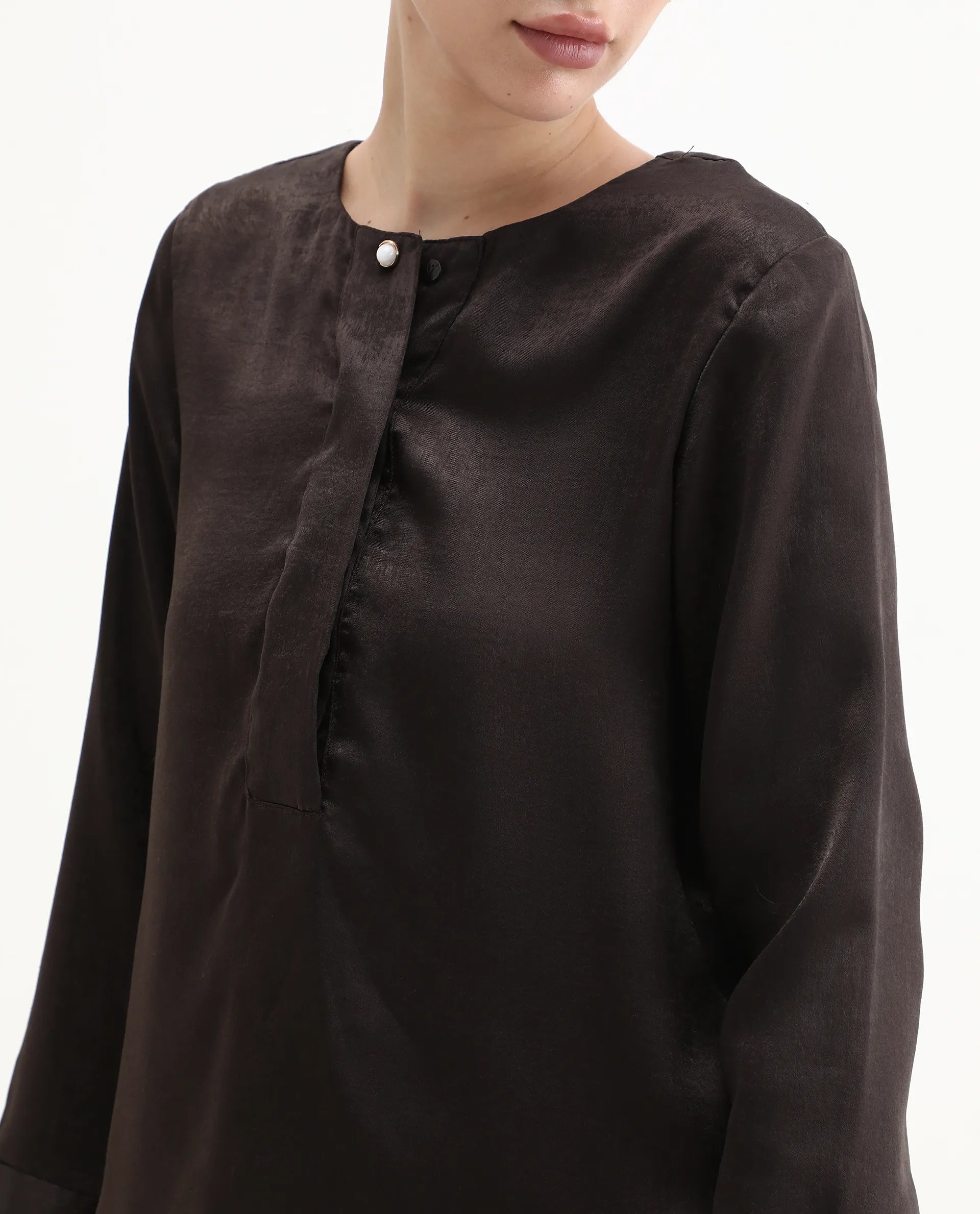 Rareism Women's Daxzo Brown Velvet Crew Neck Plain Relaxed Fit Top