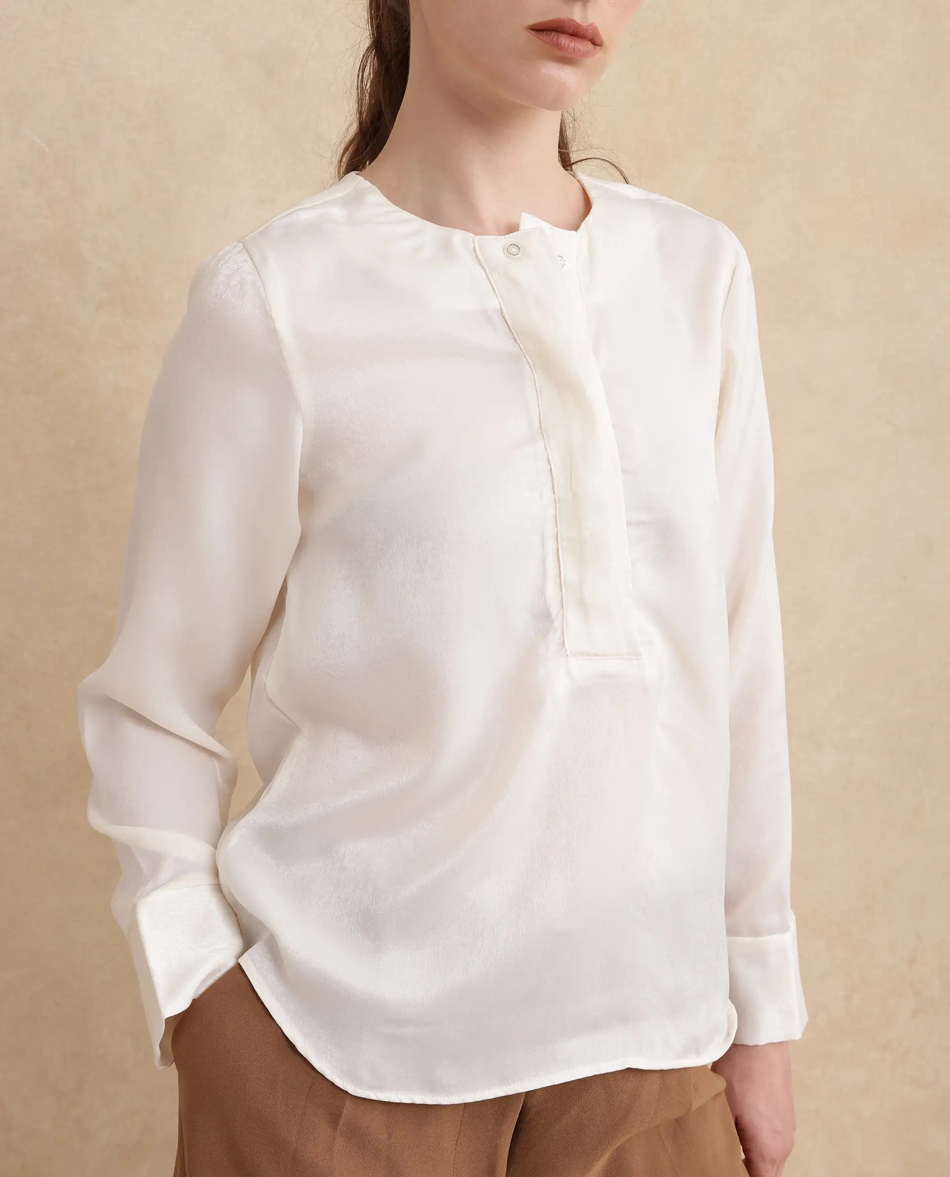 Rareism Women Daxzo Off White Velvet Regular Sleeves Round Neck Button Closure Relaxed Fit Plain Top