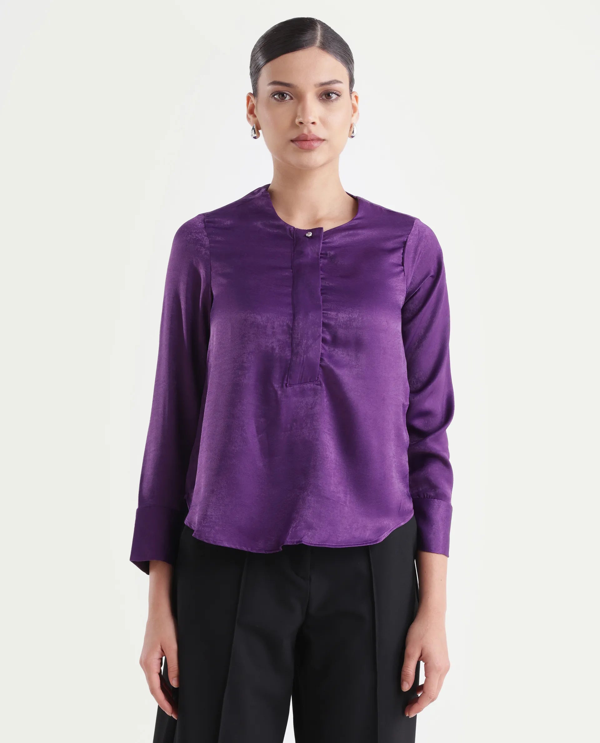 Rareism Women's Daxzo Purple Velvet Crew Neck Plain Relaxed Fit Top