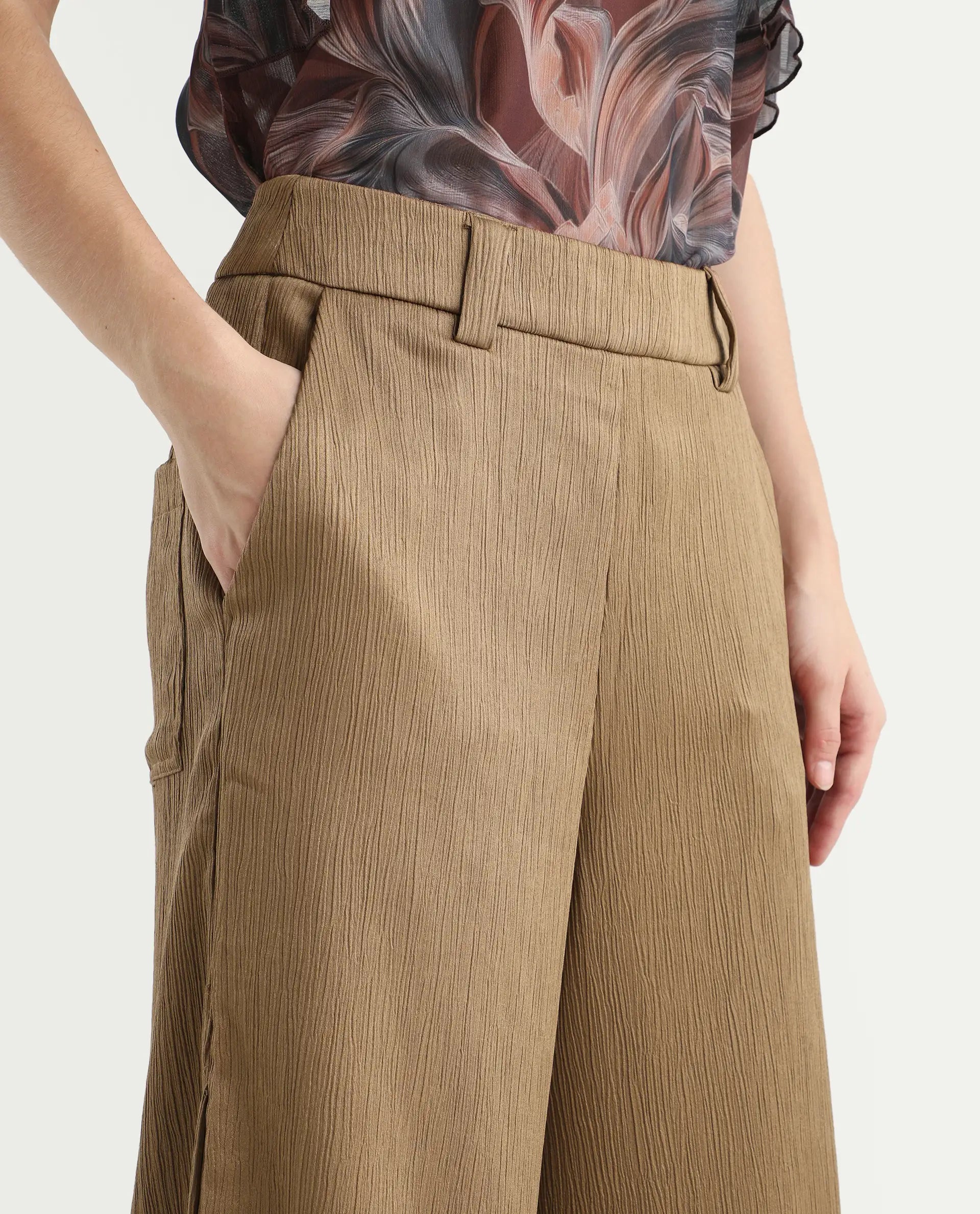 Rareism Women's Dayna Light Brown Polyester Plain Ankle Length Wide Trouser