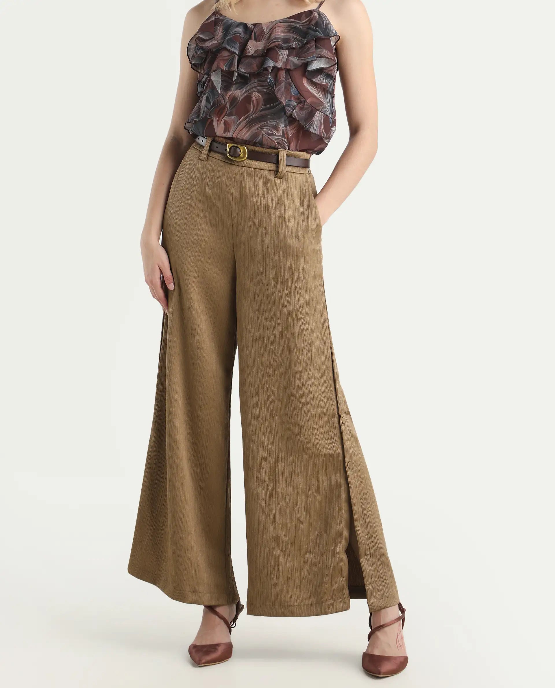 Rareism Women's Dayna Light Brown Polyester Plain Ankle Length Wide Trouser