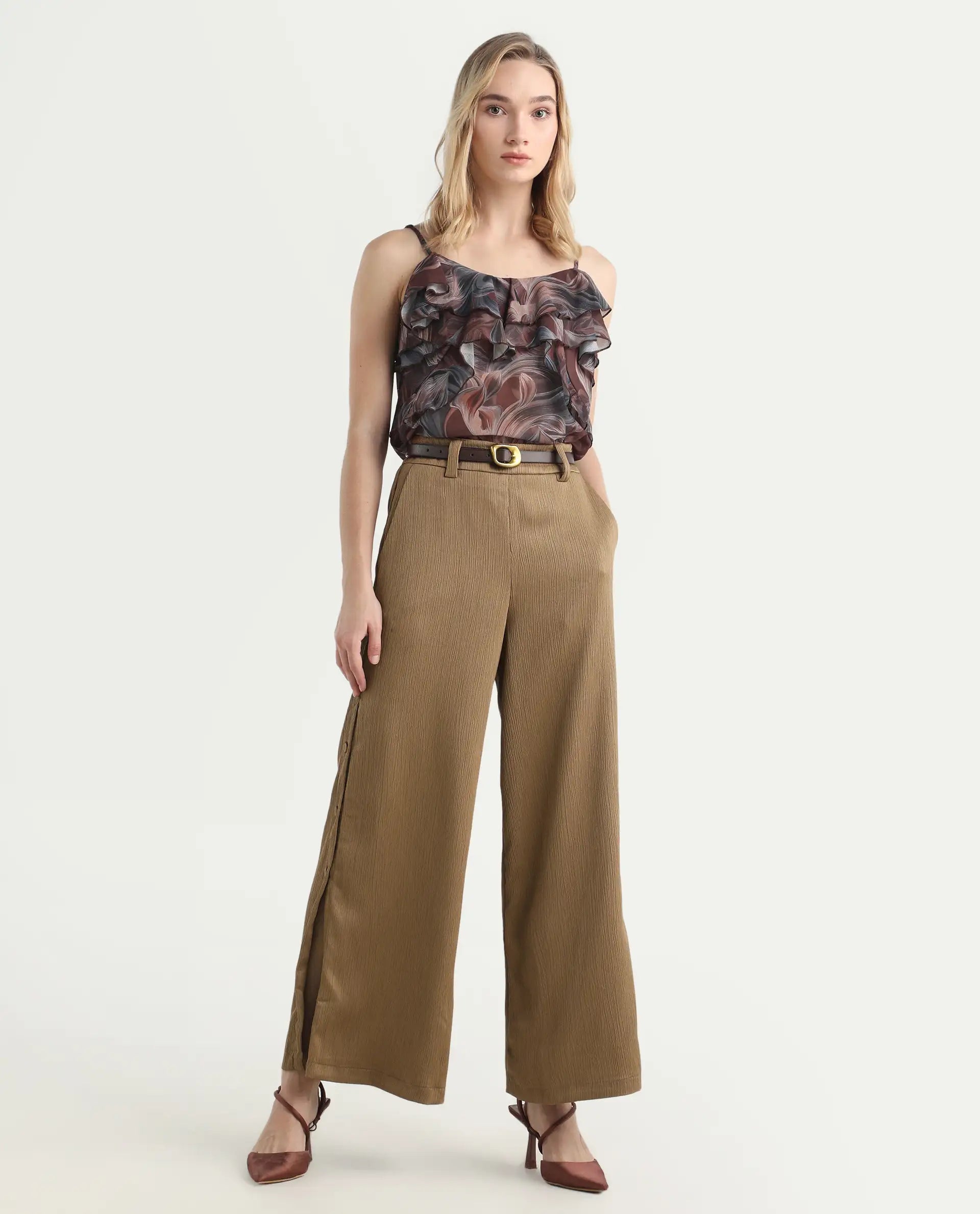 Rareism Women's Dayna Light Brown Polyester Plain Ankle Length Wide Trouser