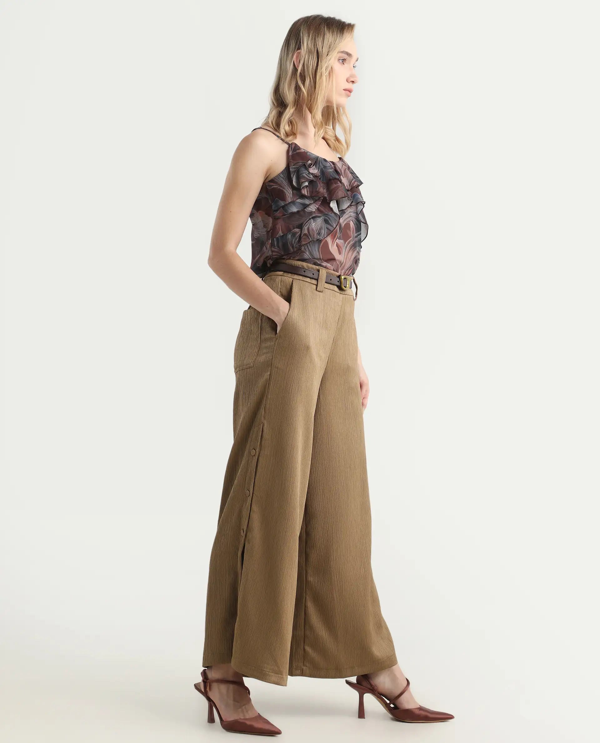 Rareism Women's Dayna Light Brown Polyester Plain Ankle Length Wide Trouser