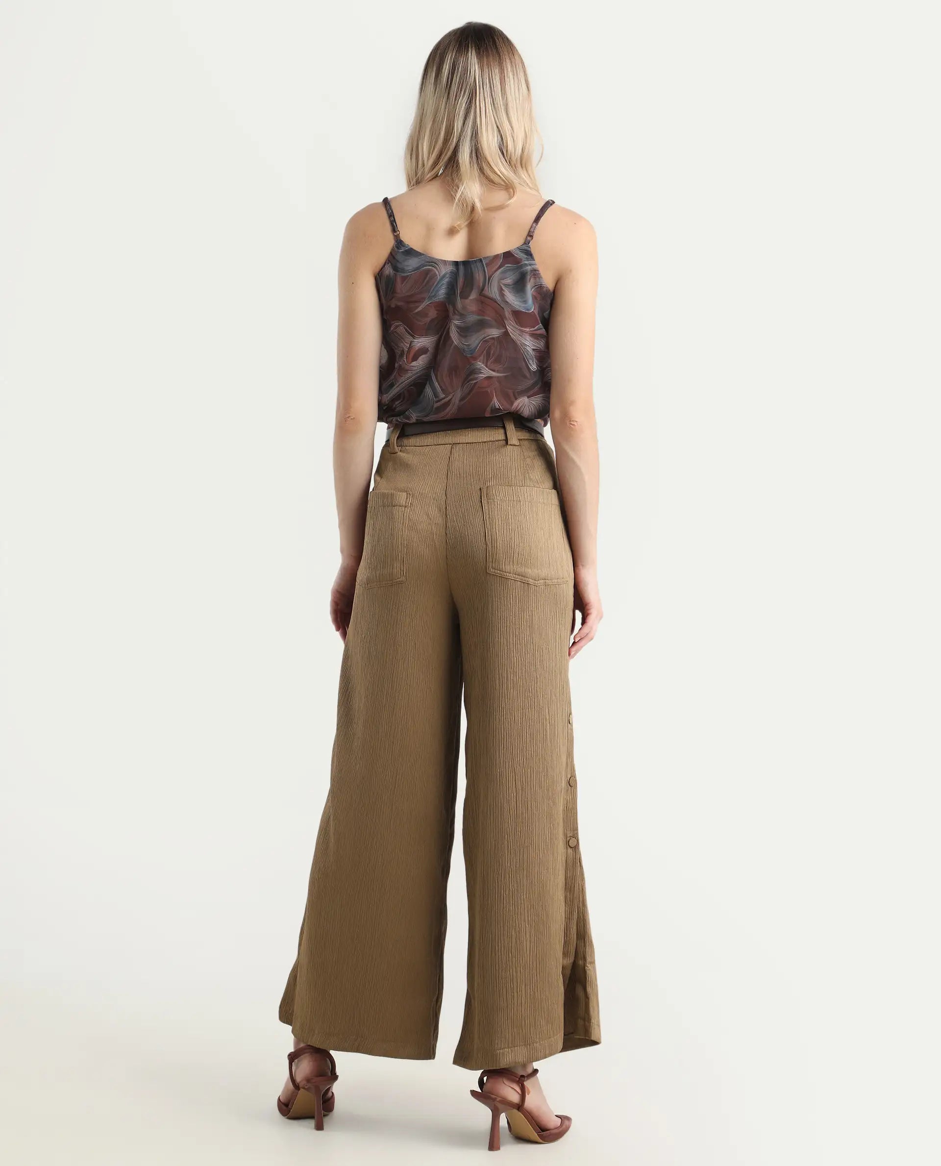 Rareism Women's Dayna Light Brown Polyester Plain Ankle Length Wide Trouser