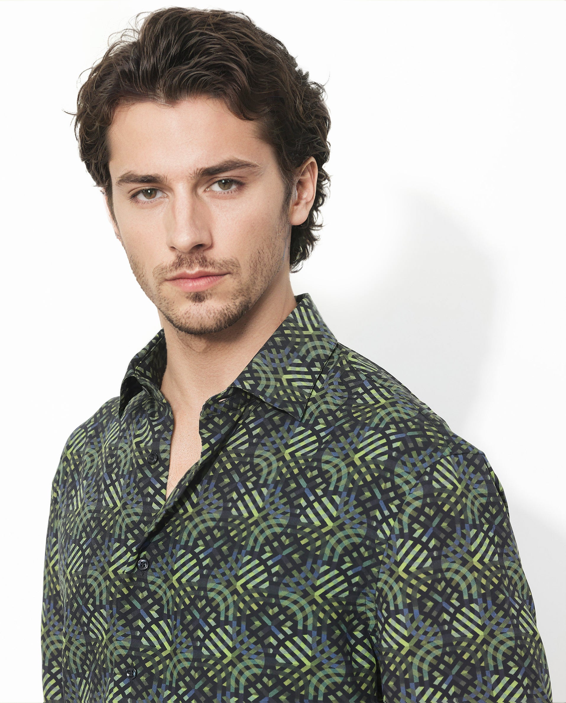 Rare Rabbit Men's Deaton Black Viscose Fabric Half Sleeves Regular Fit Geometric Print Shirt
