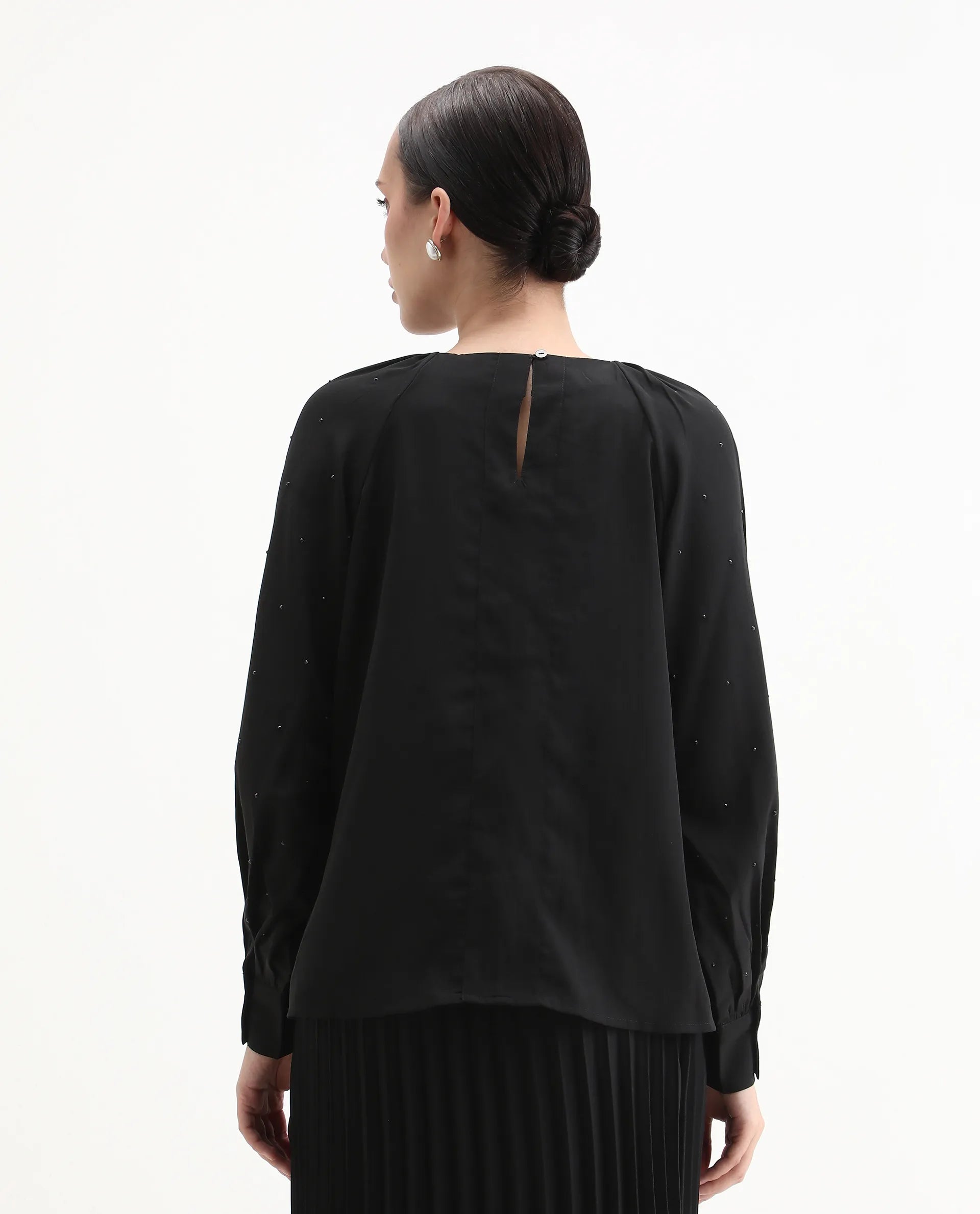 Rareism Women's Debie Black Satin High Neck Plain Cuffed Sleeve Boxy Fit Top