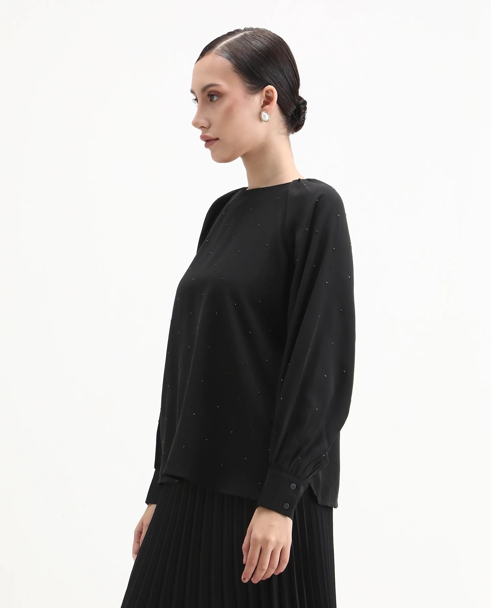 Rareism Women's Debie Black Satin High Neck Plain Cuffed Sleeve Boxy Fit Top