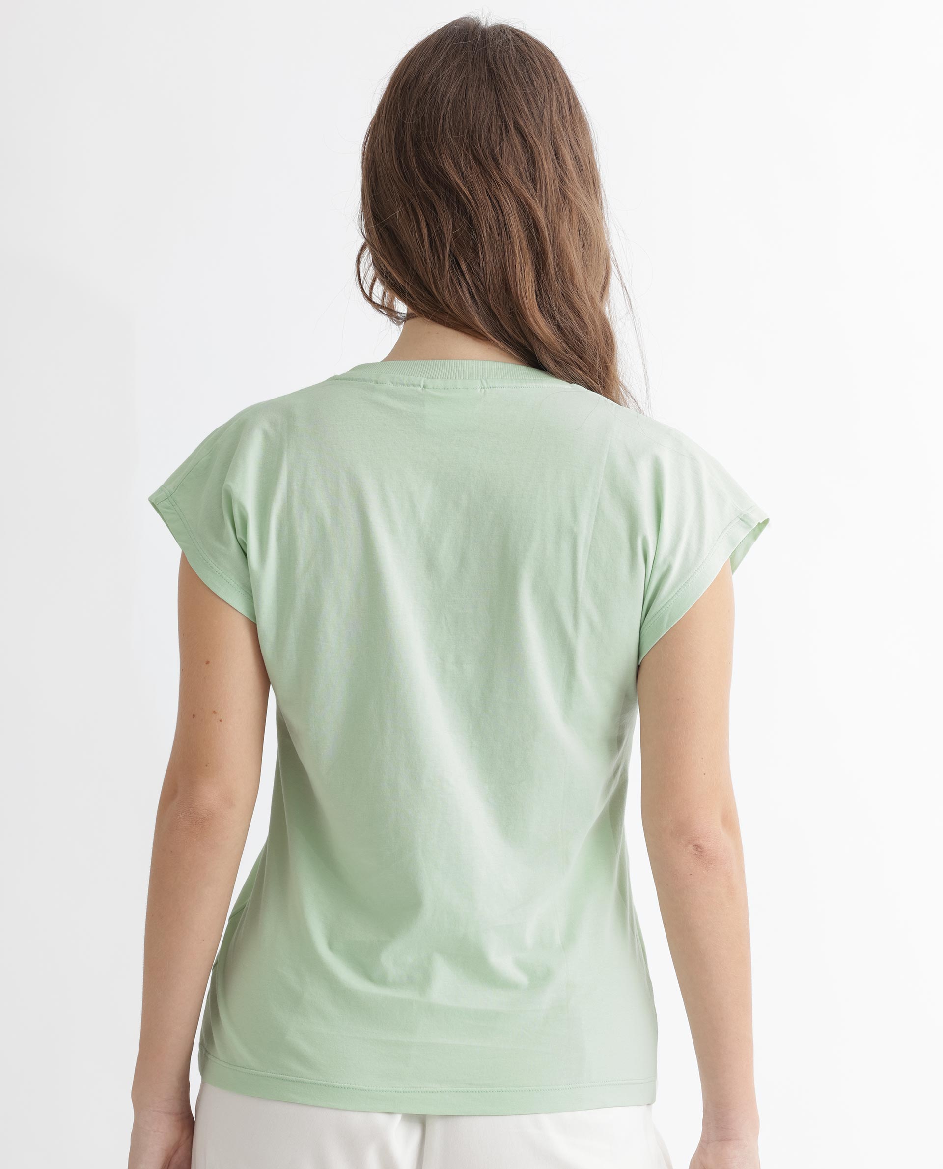 Rareism Women Debra Green Cotton Fabric Regular Fit Half Sleeves Solid Crew Neck T-Shirt