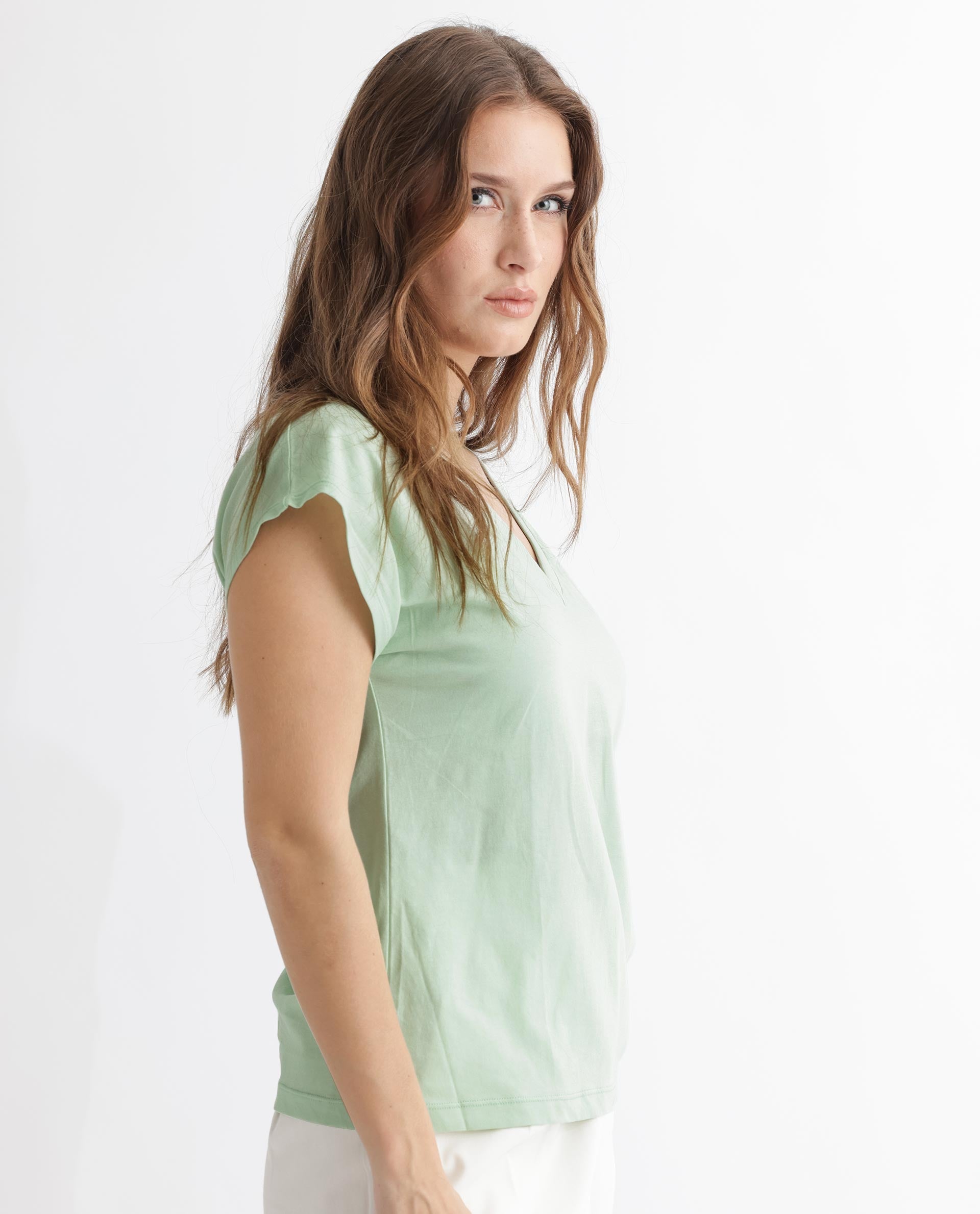 Rareism Women Debra Green Cotton Fabric Regular Fit Half Sleeves Solid Crew Neck T-Shirt