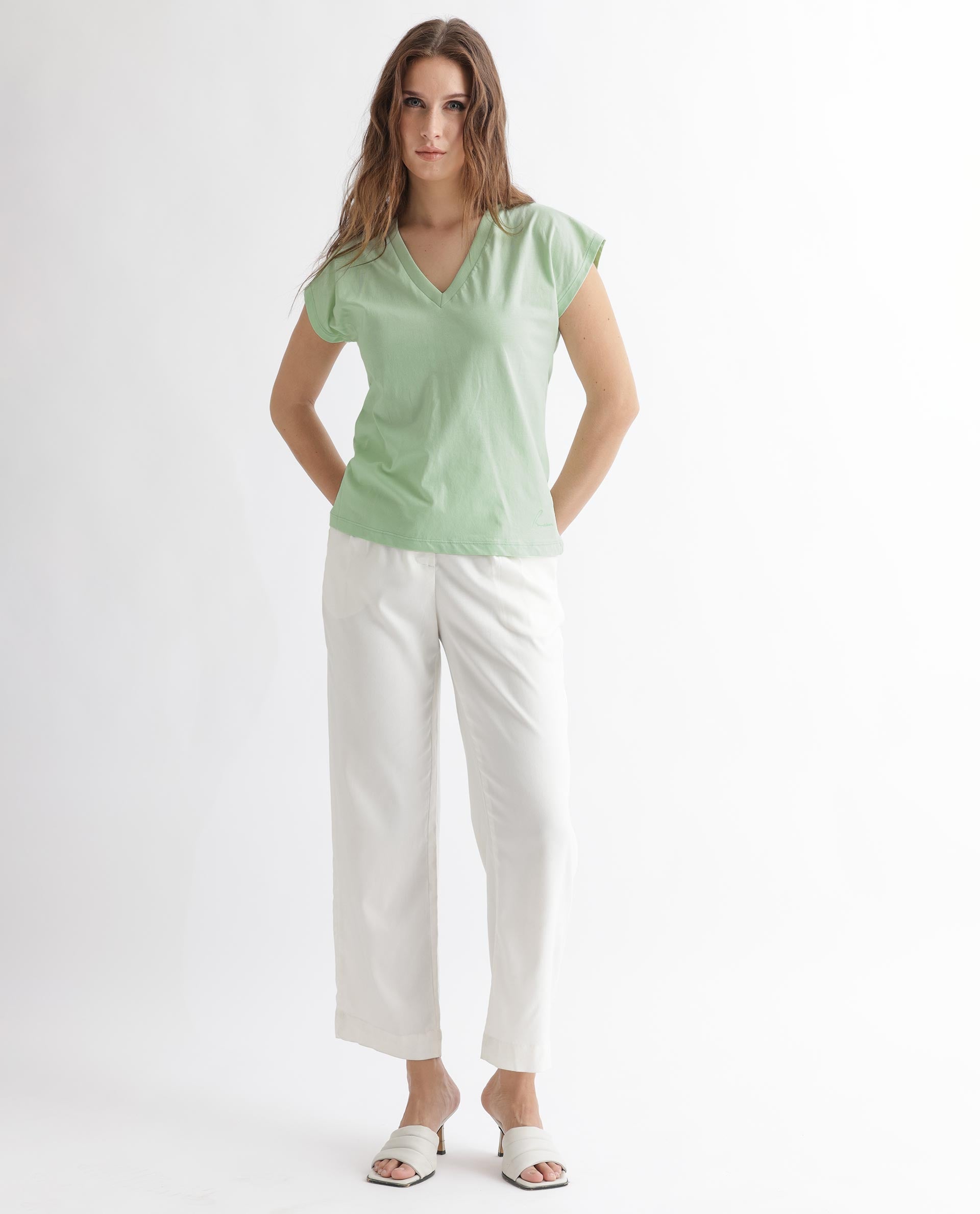 Rareism Women Debra Green Cotton Fabric Regular Fit Half Sleeves Solid Crew Neck T-Shirt