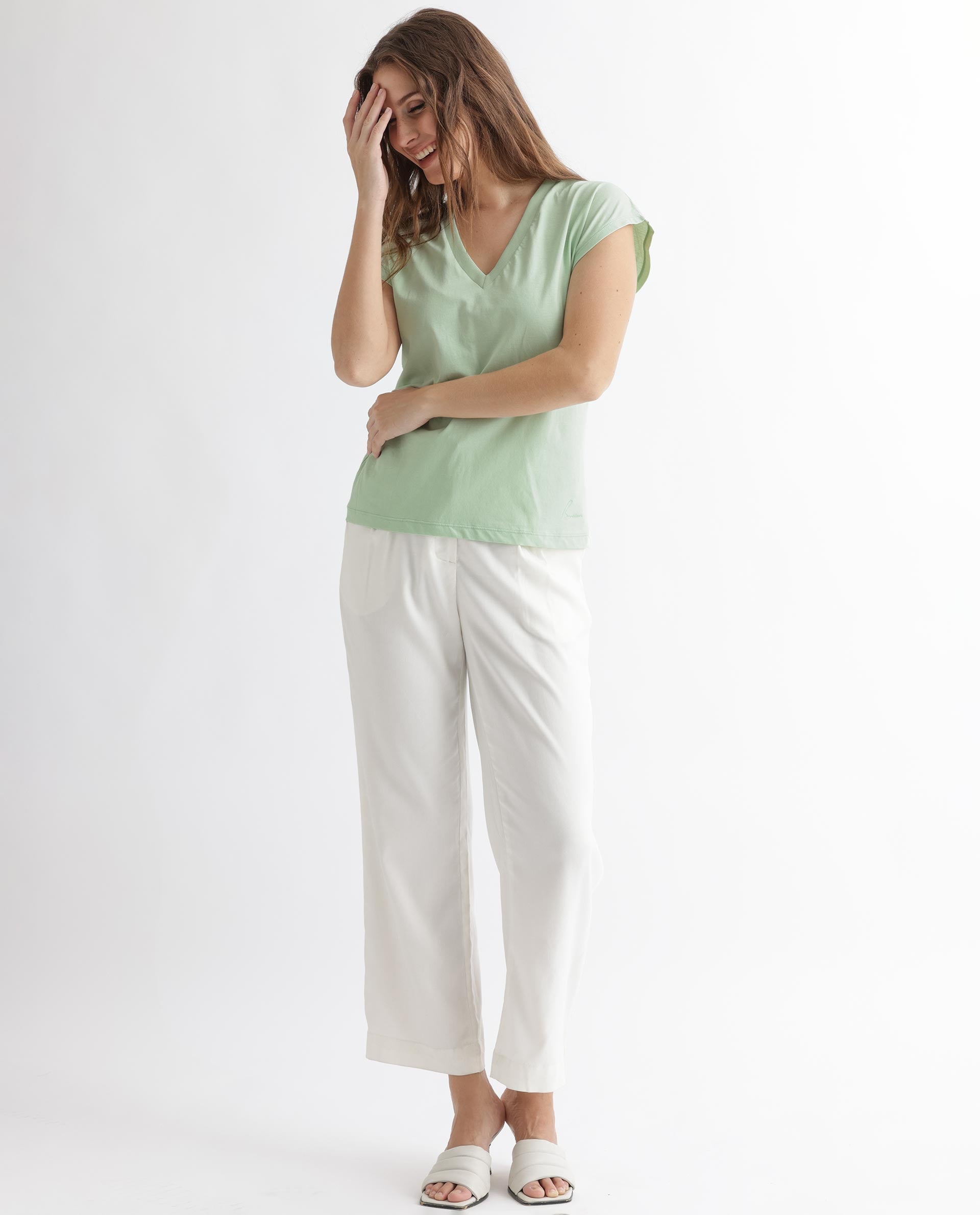 Rareism Women Debra Green Cotton Fabric Regular Fit Half Sleeves Solid Crew Neck T-Shirt