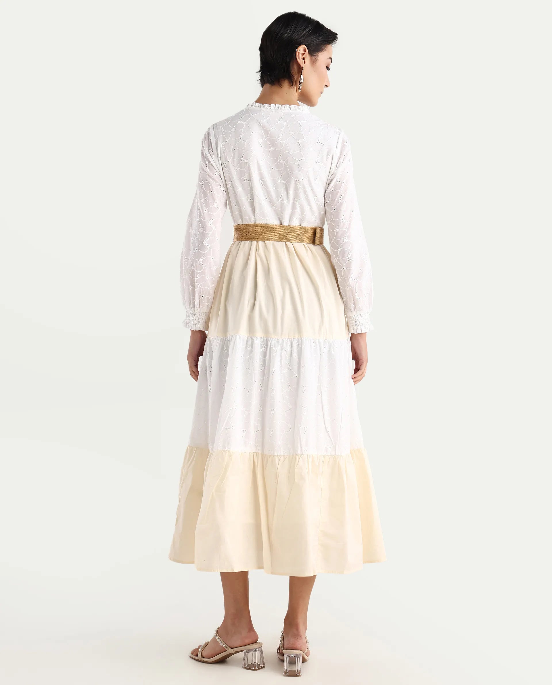 Rareism Women's Deccan Beige Cotton Sweetheart Neck Plain Bishop Sleeve Maxi Tiered Dress