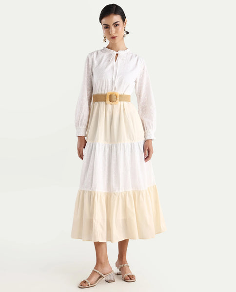 Rareism Women Deccan Beige Cotton Full Sleeve Collared Maxi Dress