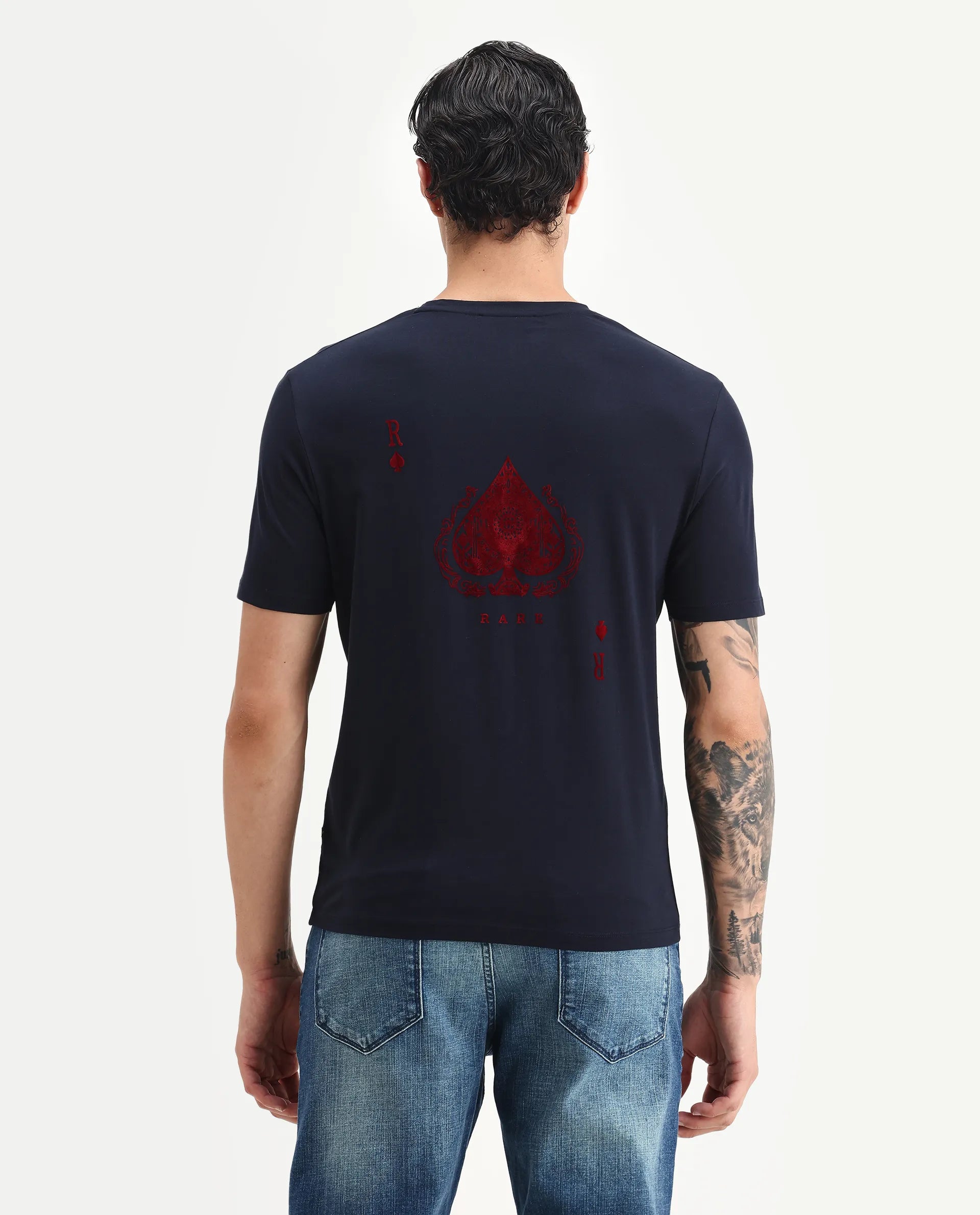 Rare Rabbit Men's Deck Navy Cotton Blend Flock Print Regular Fit Half Sleeve Crew Neck T-Shirt