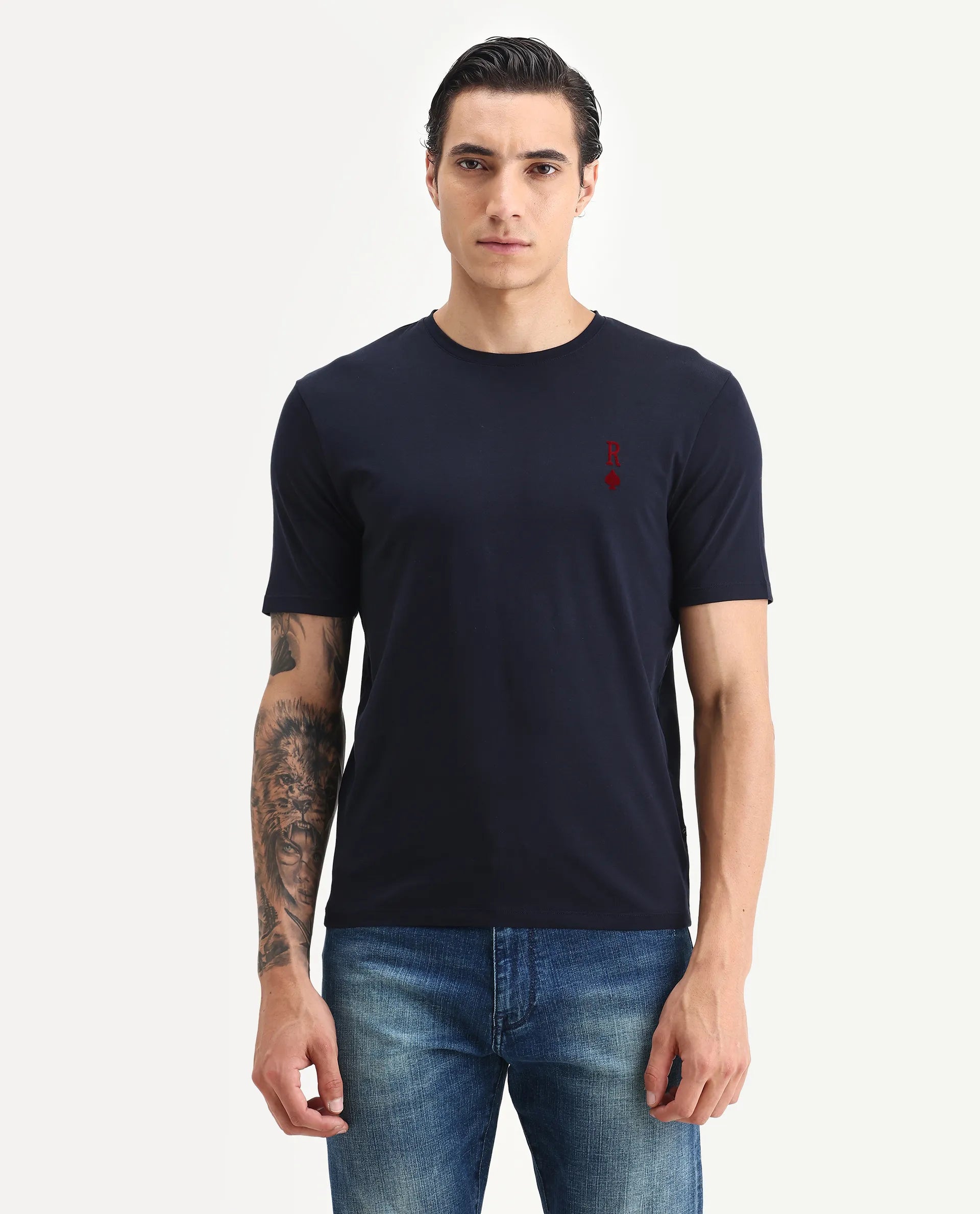 Rare Rabbit Men's Deck Navy Cotton Blend Flock Print Regular Fit Half Sleeve Crew Neck T-Shirt