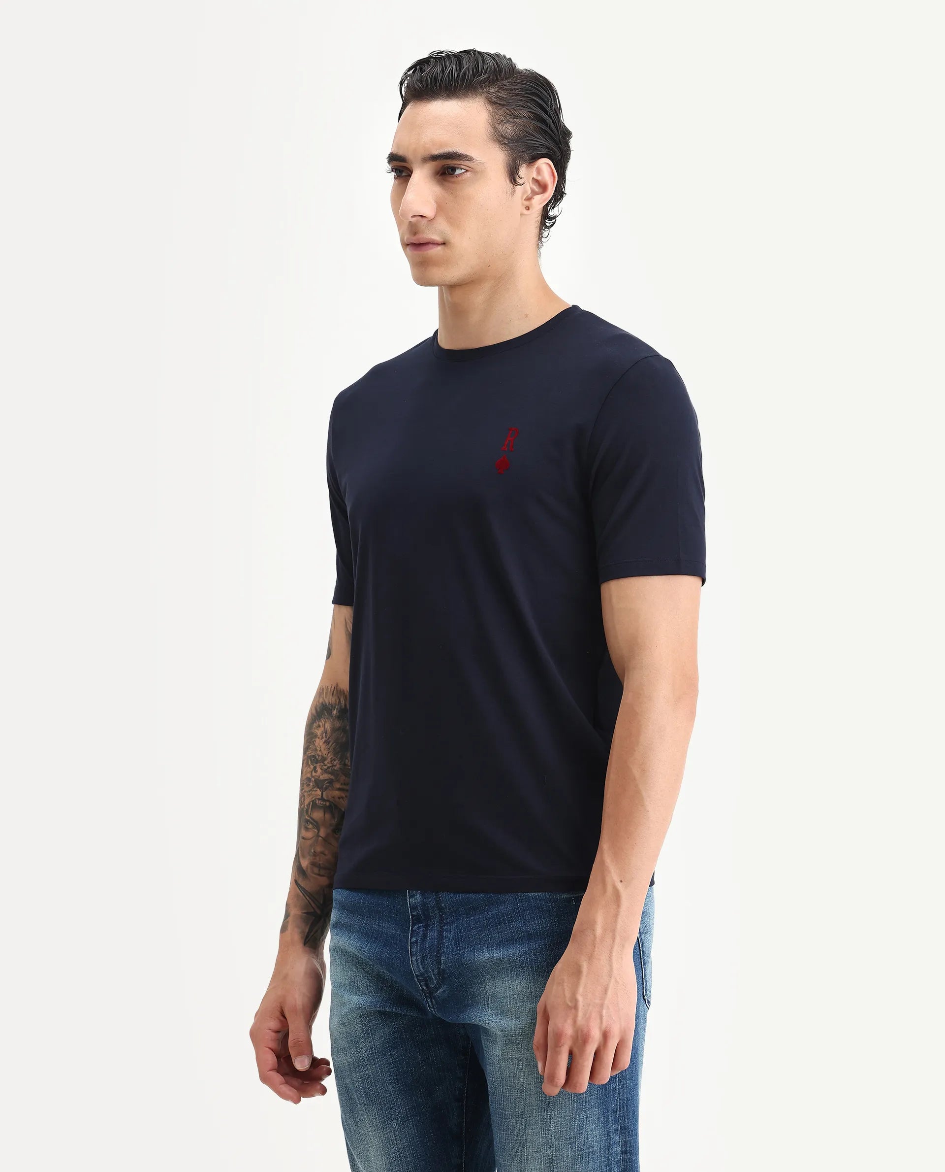 Rare Rabbit Men's Deck Navy Cotton Blend Flock Print Regular Fit Half Sleeve Crew Neck T-Shirt